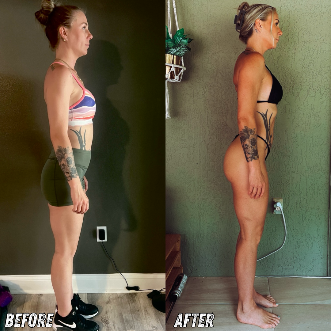 Side-by-side comparison of a woman before and after physical transformation, standing in profile against different backgrounds. In the 'before' photo, she wears a sports bra, shorts, and sneakers, with hair in a bun. In the 'after' photo, she wears a black bikini, with blonde hair styled up. The 'after' photo shows a more toned physique.