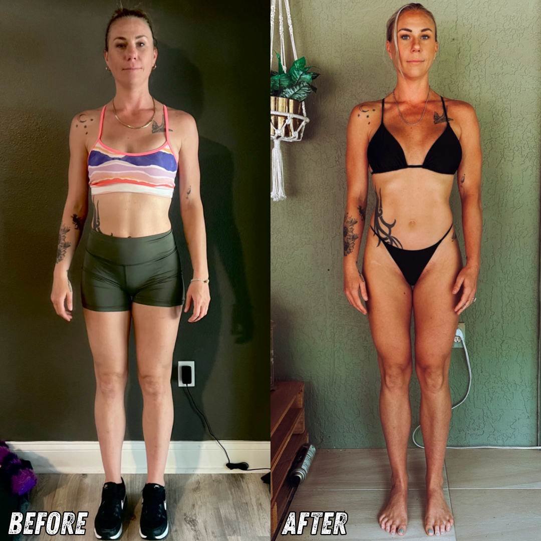Side-by-side comparison of a woman before and after a transformation. In the 'before' photo, she is wearing a colorful sports bra, black athletic shorts, and sneakers, standing against a dark wall. In the 'after' photo, she is in a black bikini, barefoot, standing against a green wall with a hanging plant. She has tattoos on her arms and a confident expression.