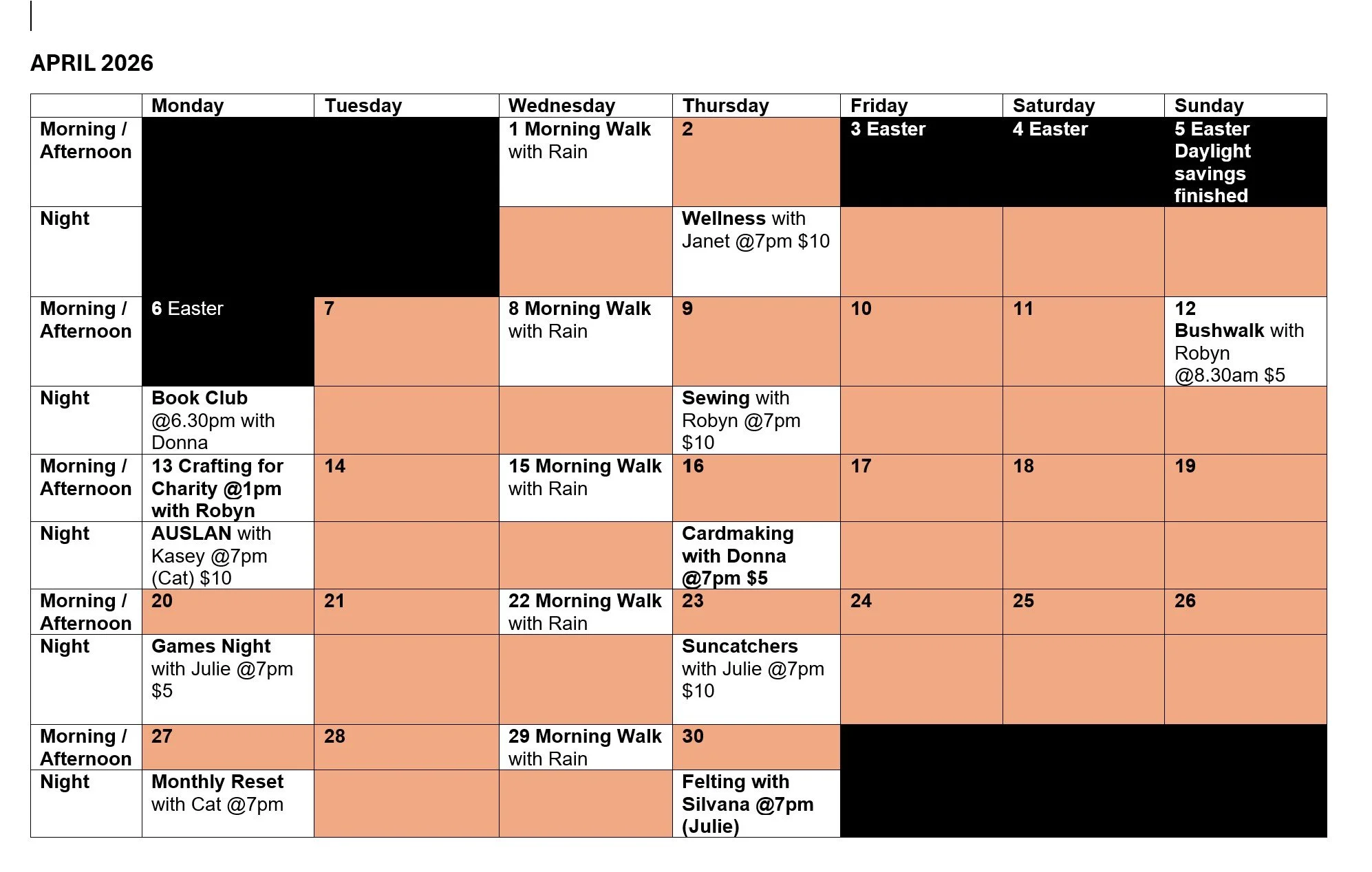 April 2026 calendar with scheduled activities including morning walks, book club, sewing, crafting, and social events, with notes about weather and costs.
