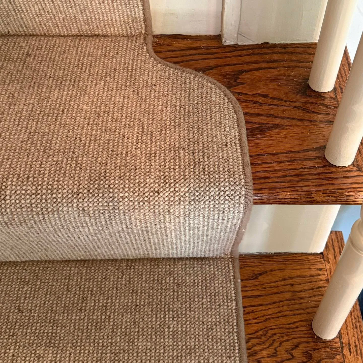 Experience the Kinrich difference. We create custom broadloom staircase runners that are not only beautiful but are also built to last. This Berber runner was crafted with a custom template for a perfect fit, then finished with a durable, color-match