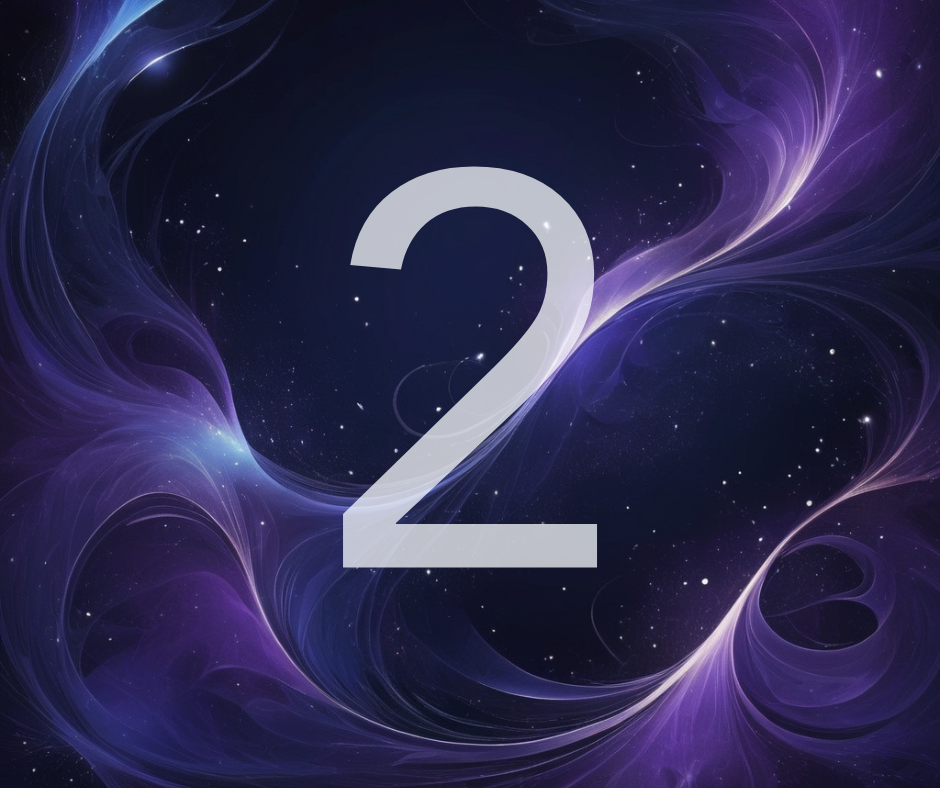 A swirling purple and blue cosmic background with white stars and a large gray number 2 in the center.