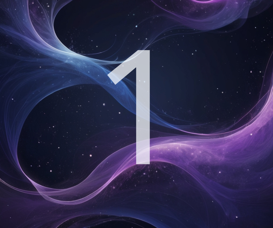 Digital abstract background with swirling purple and blue colors and a white number one in the center.