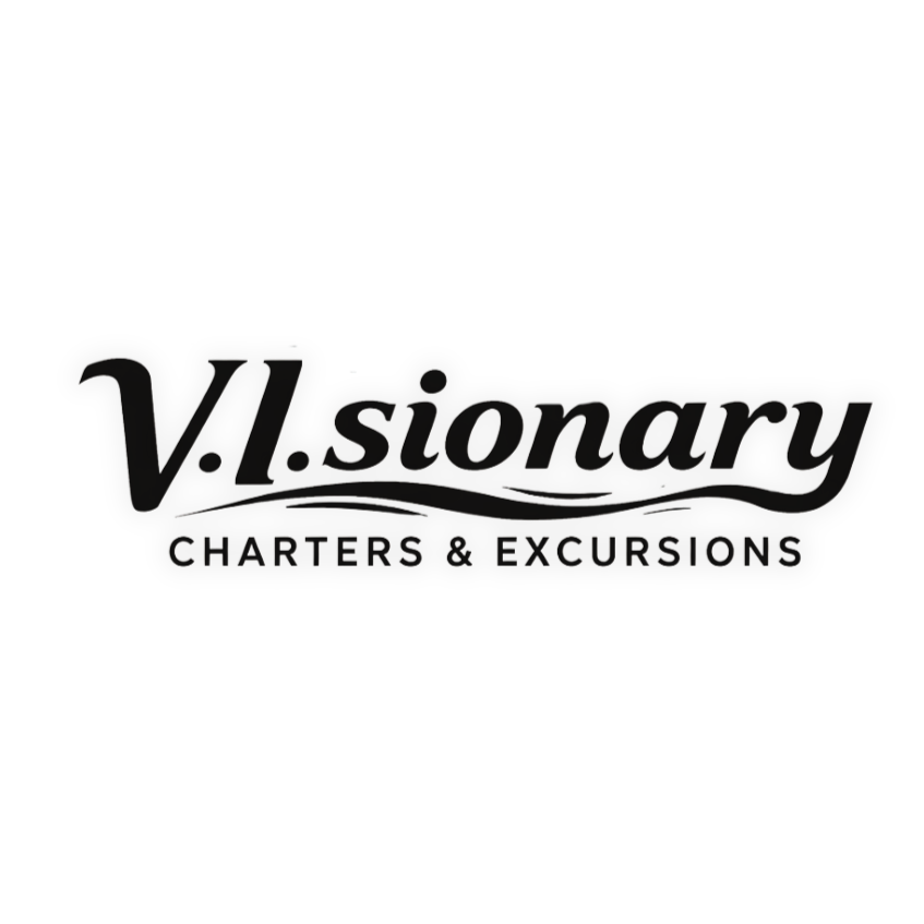 Logo for V.I. sionary Charters & Excursions BVI, featuring stylized text and a boat silhouette.