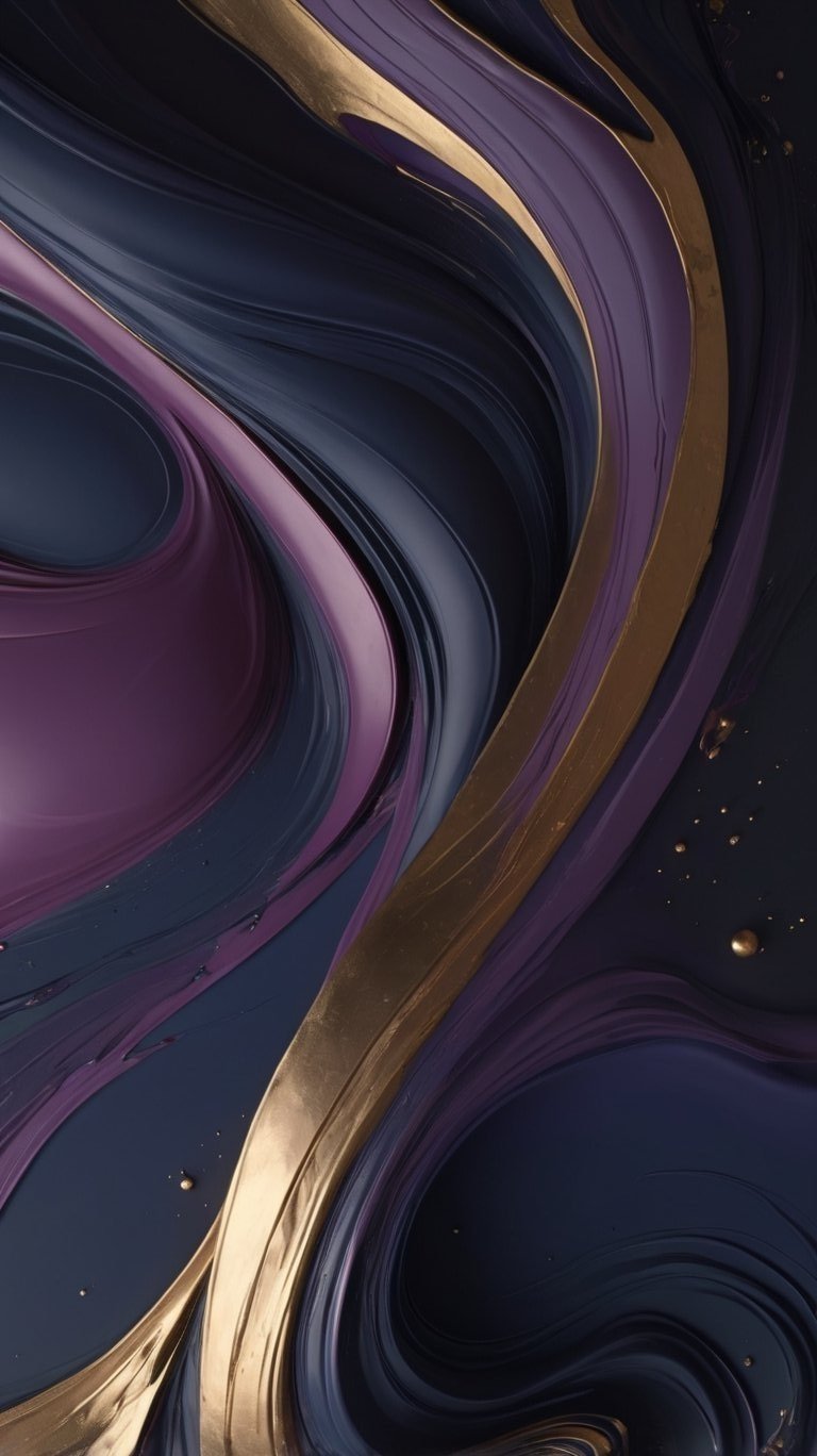 Abstract swirls of black, purple, pink, and gold colors creating a flowing, marbled pattern.