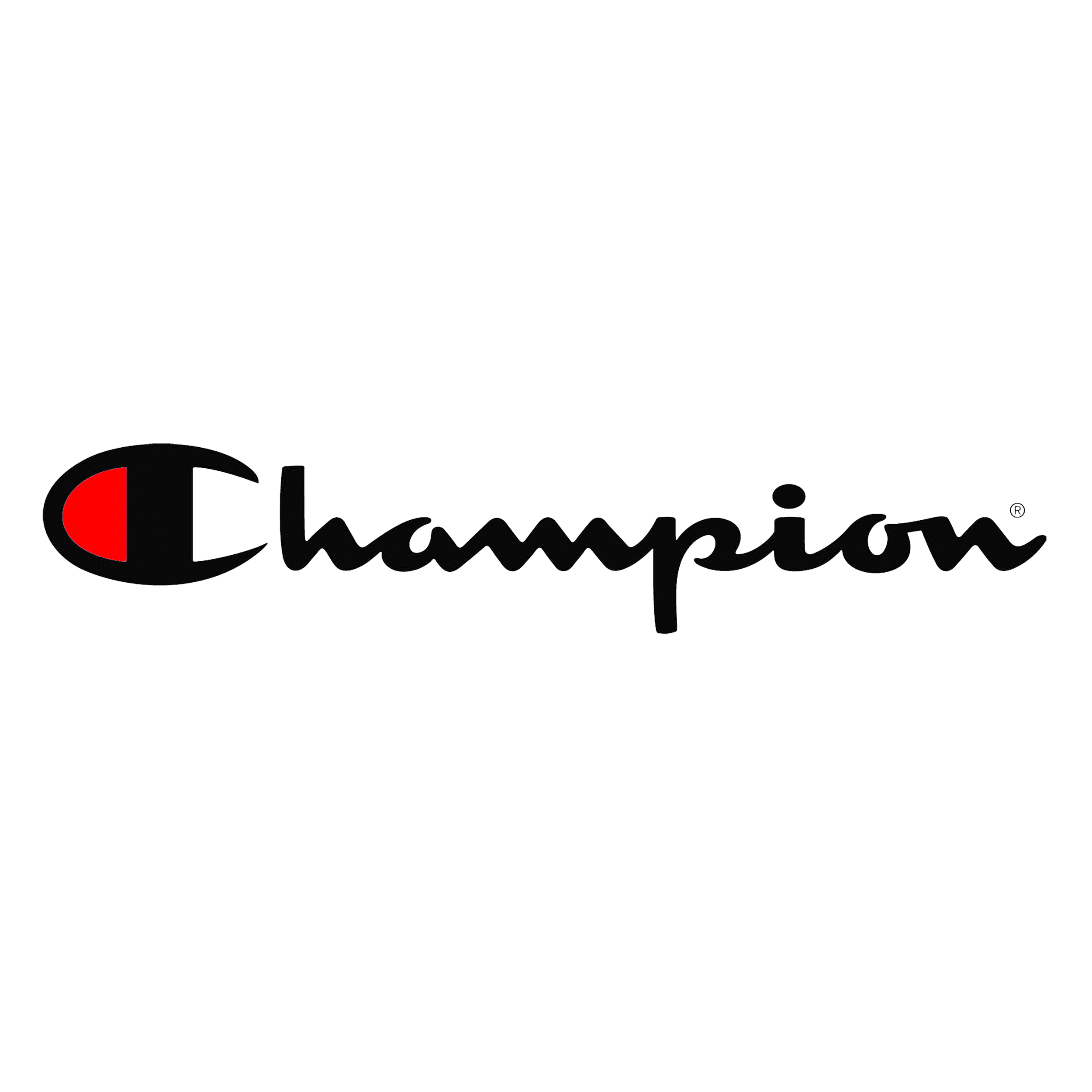 Champion logo with a stylized 'C' in black and red and the word 'Champion' in black script font.
