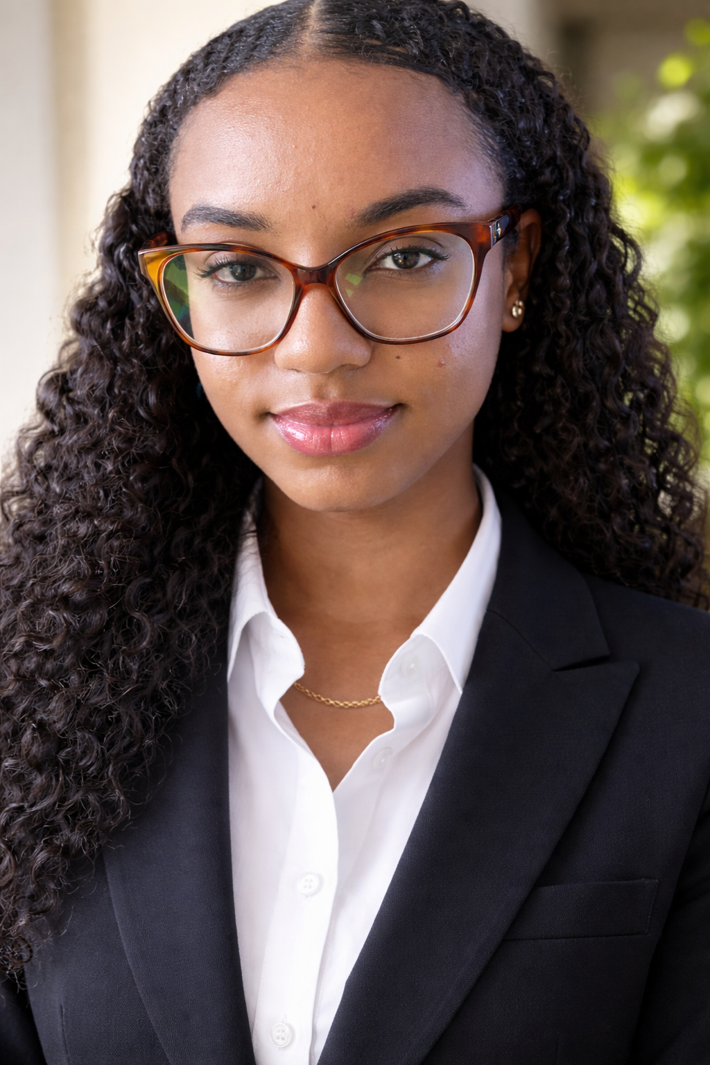 Professional woman with curly hair wearing glasses, a white shirt, and a black blazer, looking confidently into the camera outdoors.