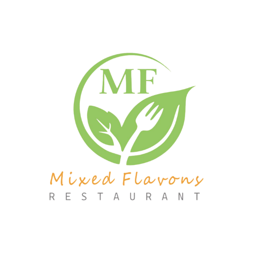 Logo for Mixed Flavors Restaurant featuring green leaves, a fork, and the initials MF.
