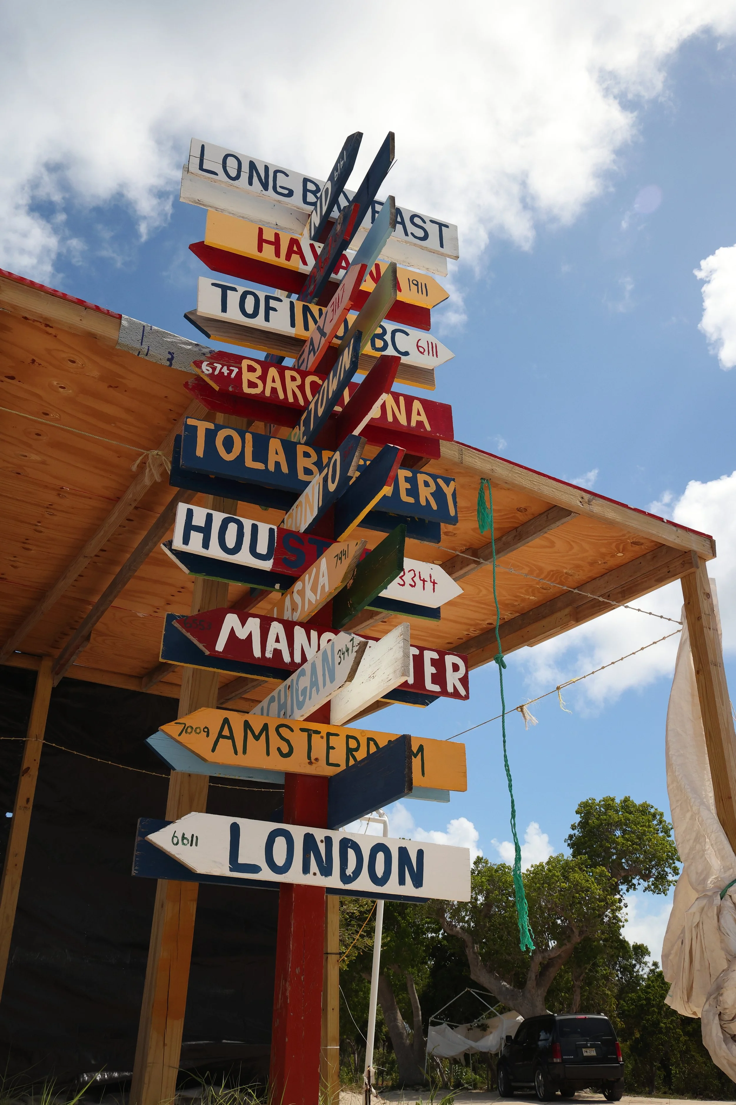 Colorful wooden directional signs pointing to various international cities and places, set against a blue sky with some clouds, with trees and a vehicle in the background on the beach