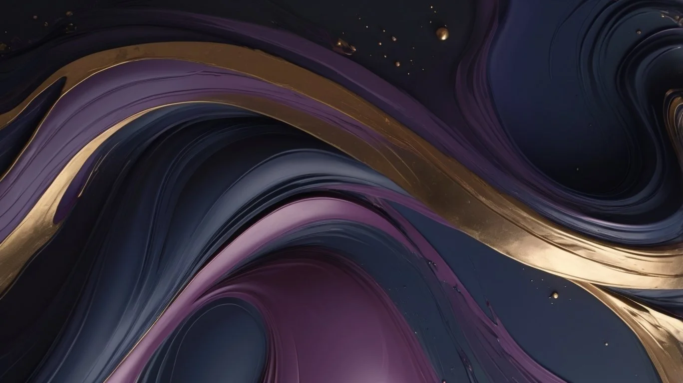 Abstract digital art with swirling waves of purple, black, gold, and pink colors with small gold specks.