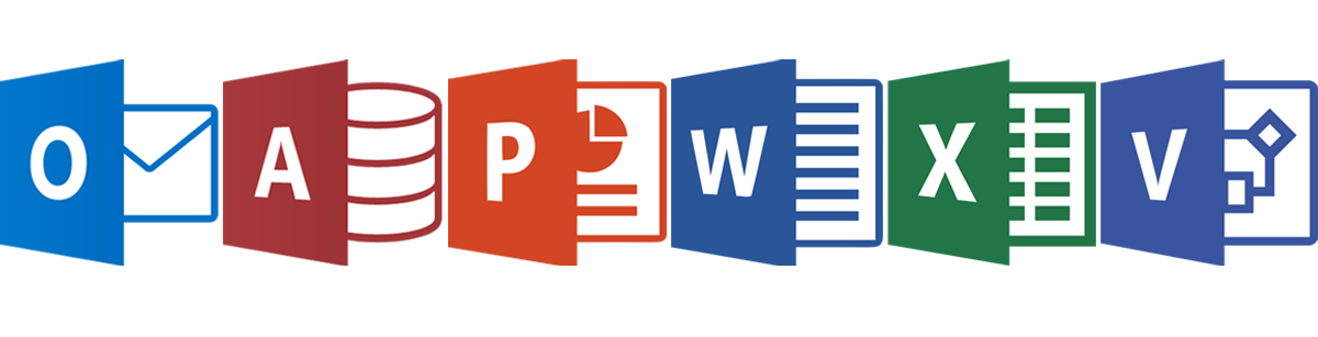 Icons representing various office and data software applications, including Outlook, Access, PowerPoint, Word, Excel, and Visio, each with distinct colors and symbols.