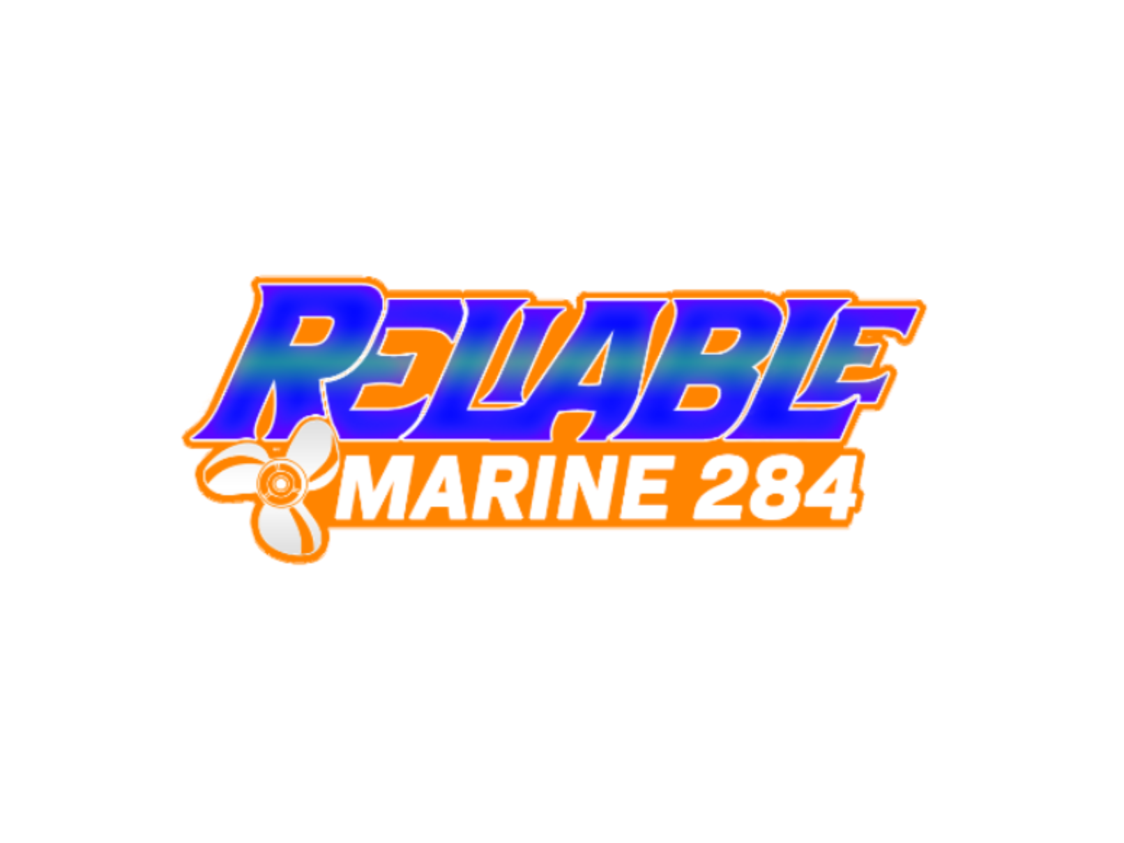 Stylized logo with the words 'RELIABLE MARINE 284' in purple, orange, and white with a propeller graphic.