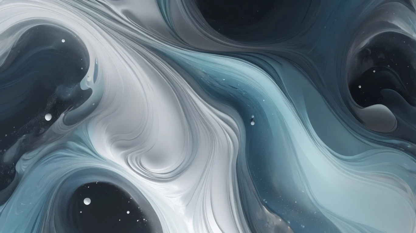 Swirling abstract pattern in shades of blue, black, and white resembling a cosmic or fluid motion.