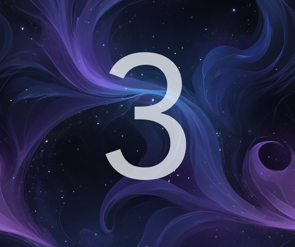 Number three superimposed over a dark cosmic background with purple and blue swirling nebulae and stars.