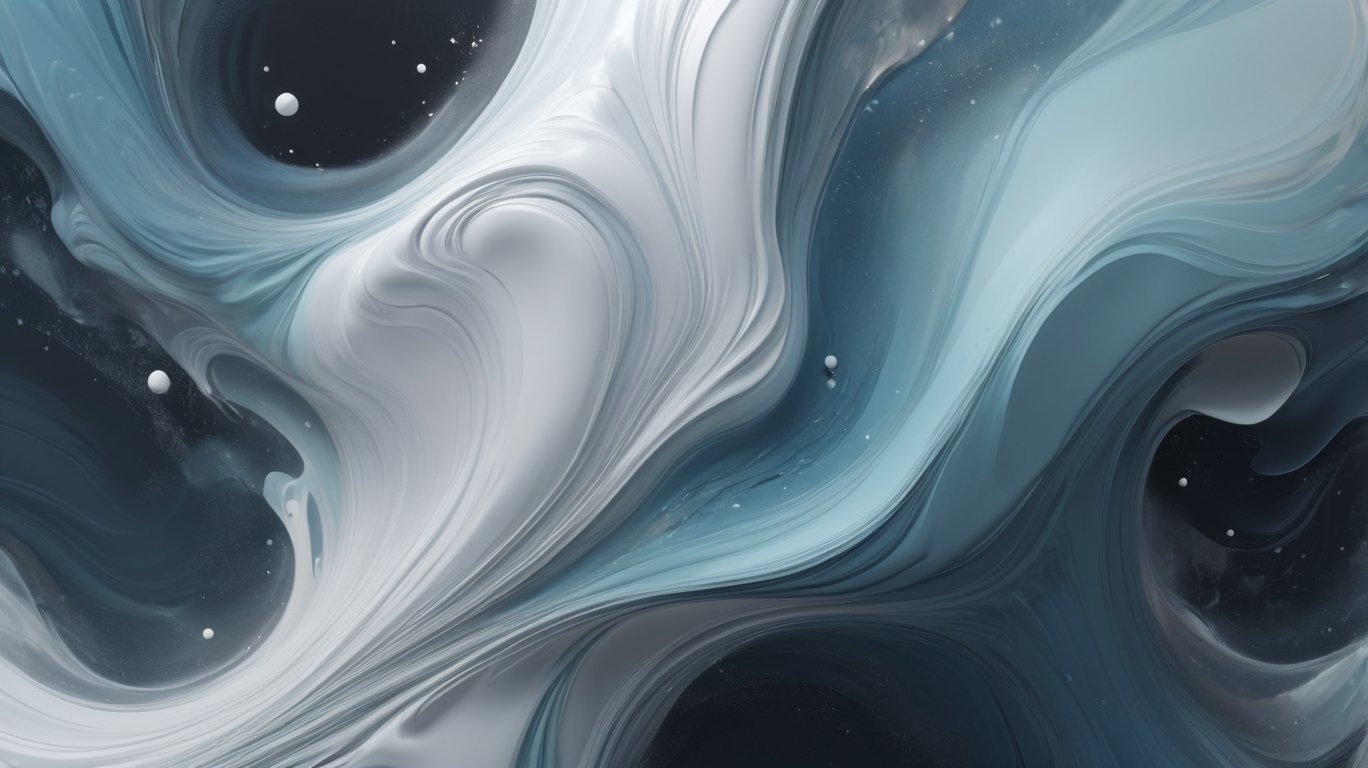 An abstract digital art of swirling white, black, and blue hues resembling a cosmic or space scene with small white dots resembling stars.