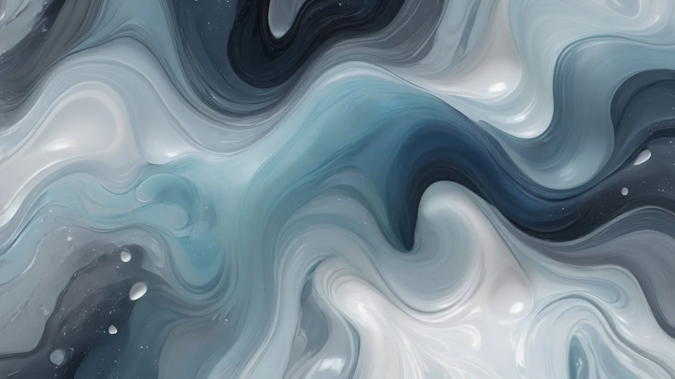 Swirling abstract pattern in shades of blue, white, black, and gray with smooth, flowing lines and some small white specks resembling stars.