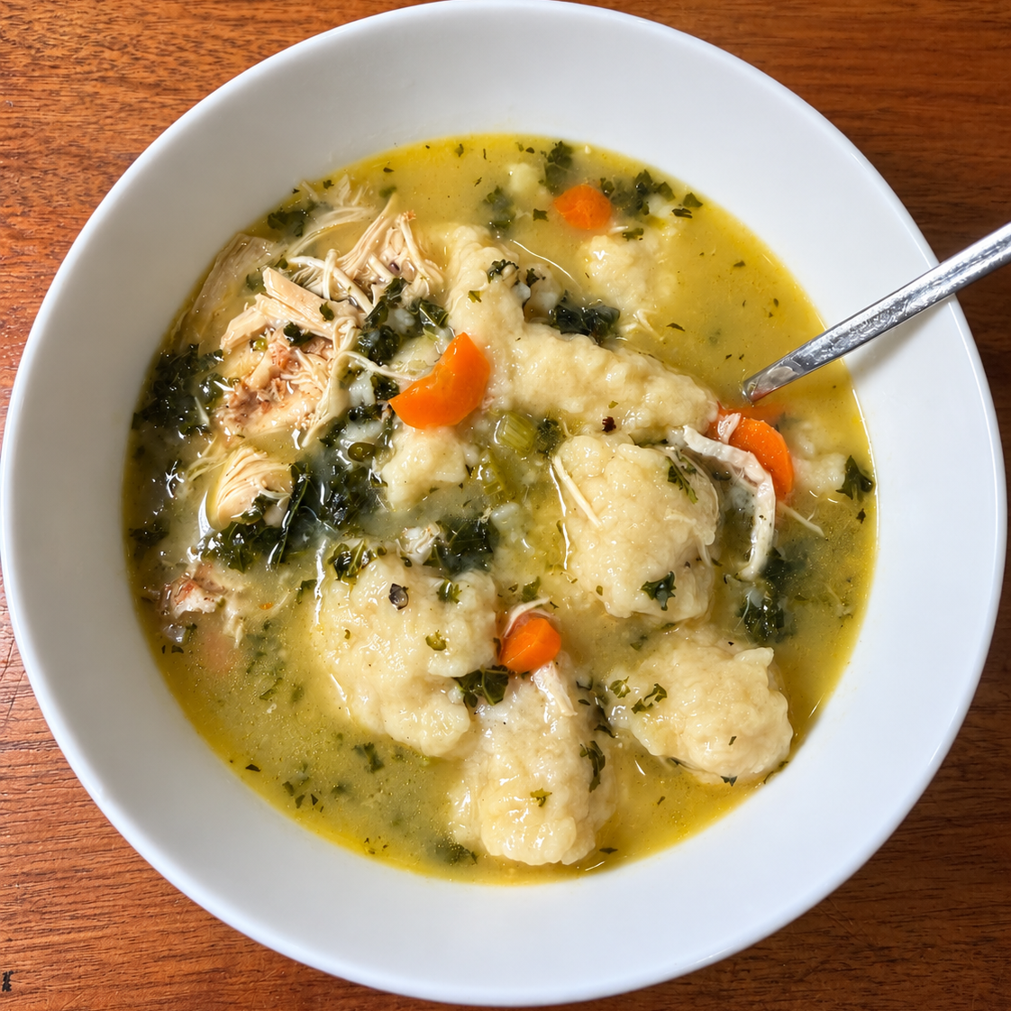 Bowl of homemade chicken and dumpling soup with shredded chicken, carrots, kale, and fluffy dumplings