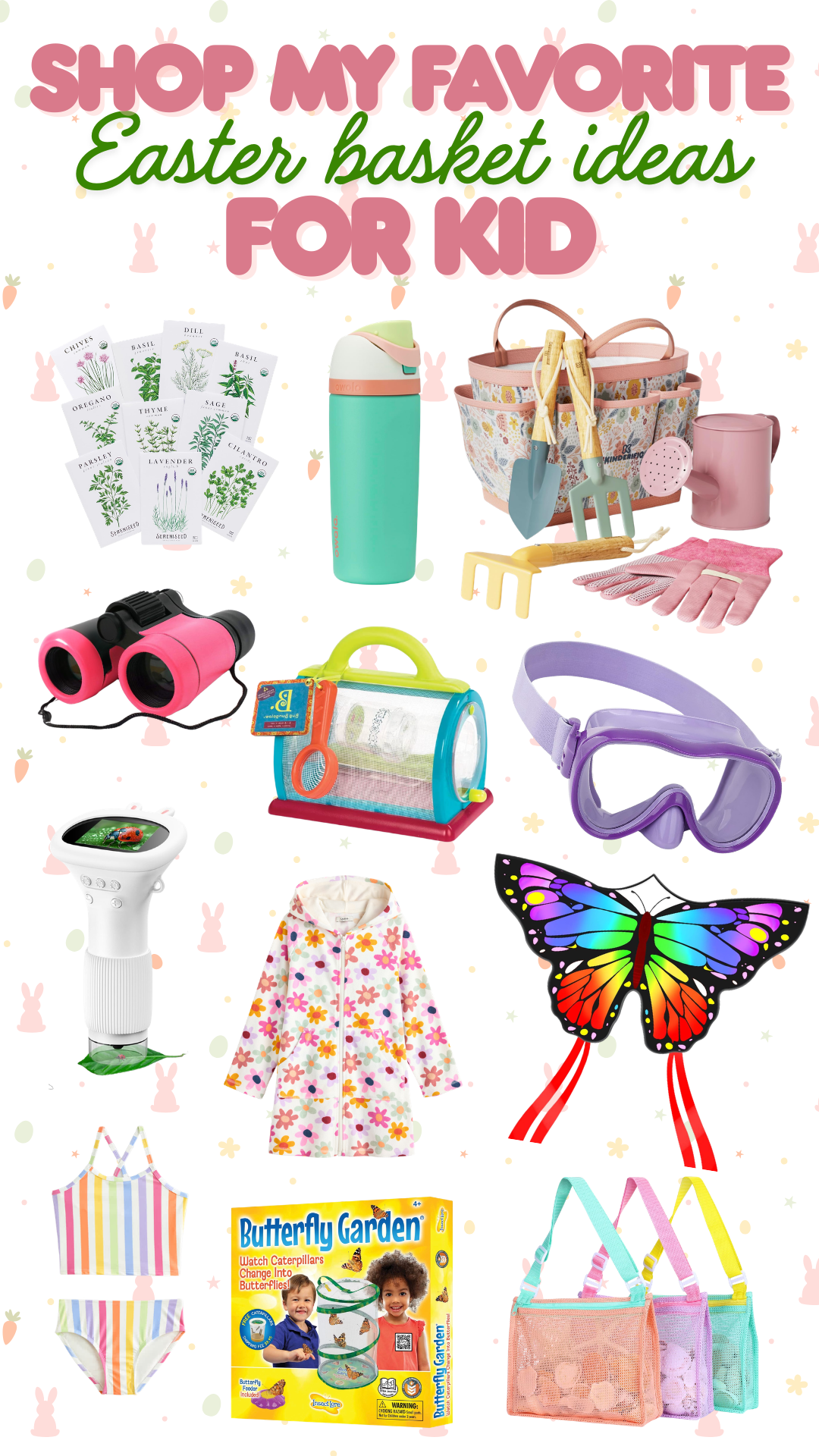 Non-candy Easter basket ideas for kids including herb garden kit, water bottle, gardening tools, binoculars, and outdoor exploration gear