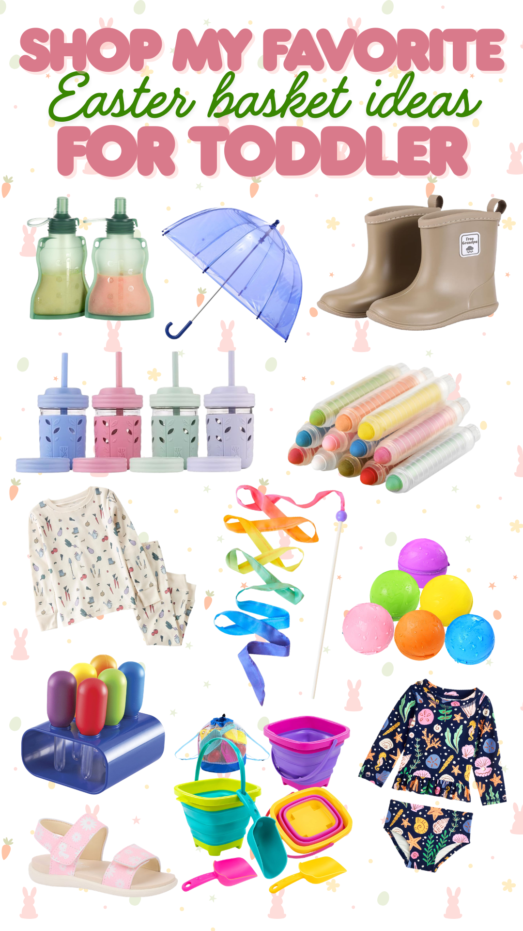 Non-candy Easter basket ideas for toddlers including reusable pouches, umbrella, rain boots, straw cups, and washable markers