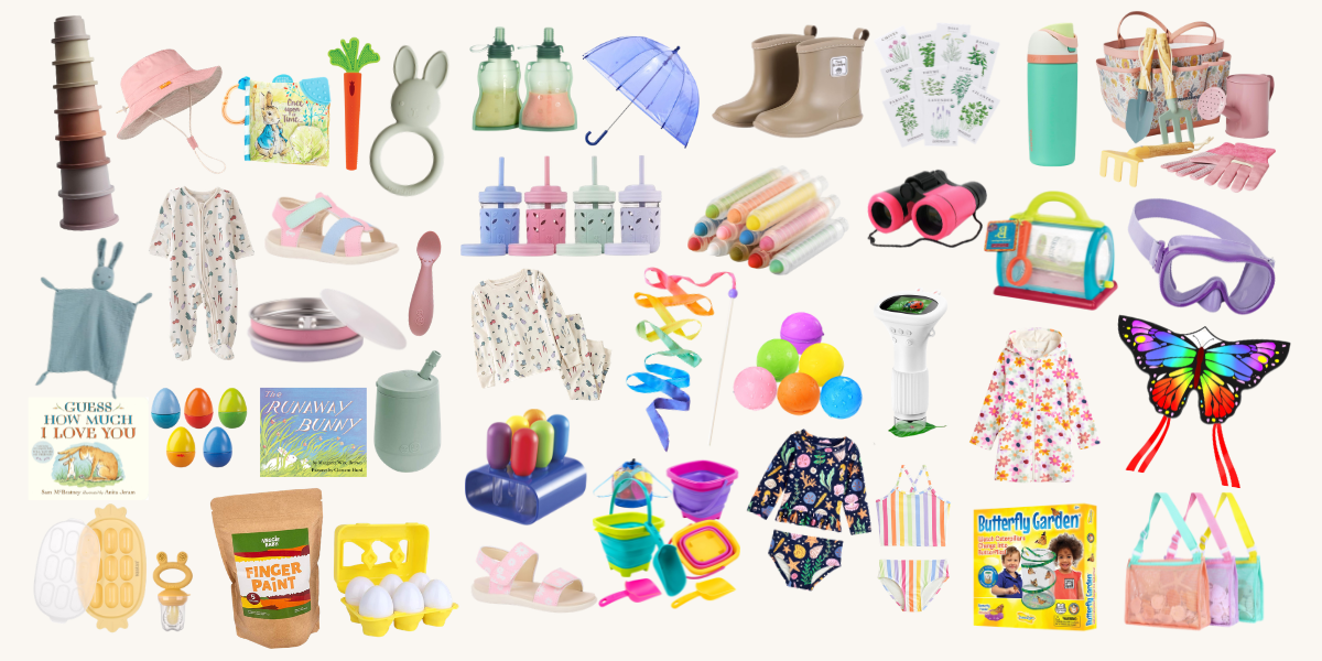 Collage of non-candy Easter basket ideas for babies, toddlers, and kids featuring toys, books, spring clothes, outdoor gear, and practical gifts