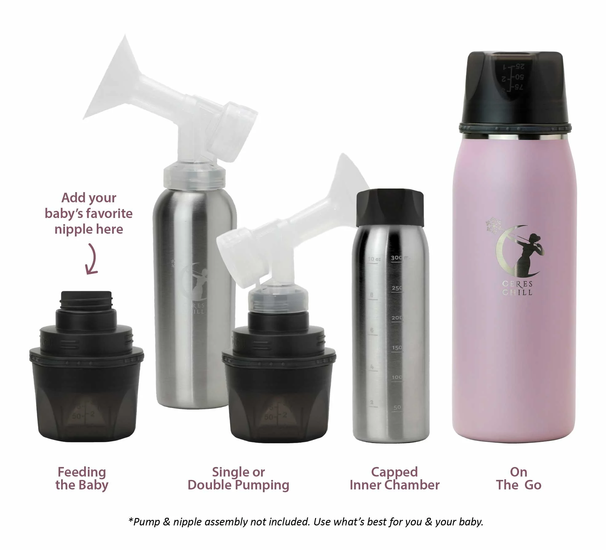 Ceres Chill breastmilk chiller shown set up for feeding the baby, single or double pumping, capped inner chamber, and on the go