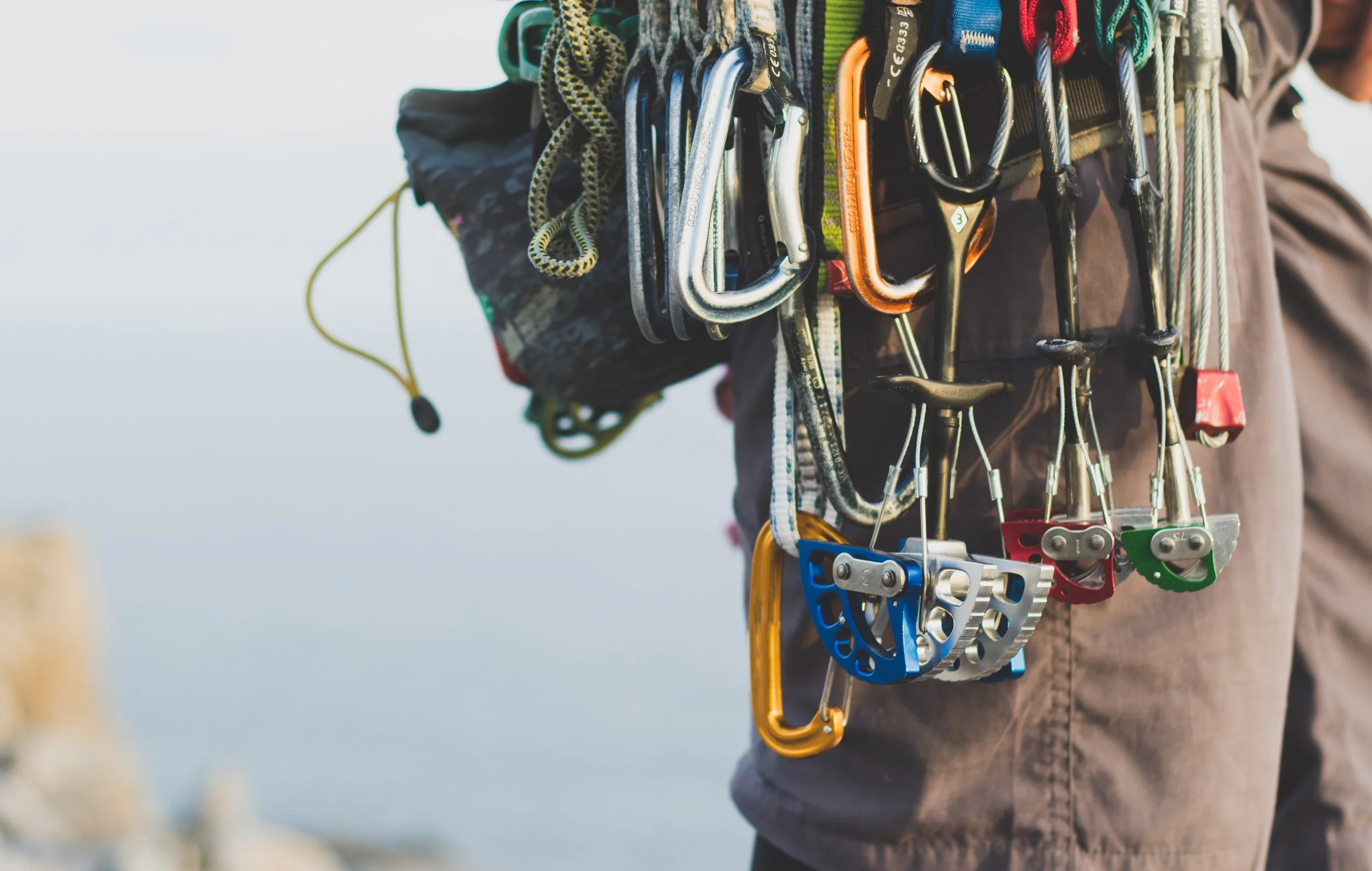 Climbing equipment on a climbers belt