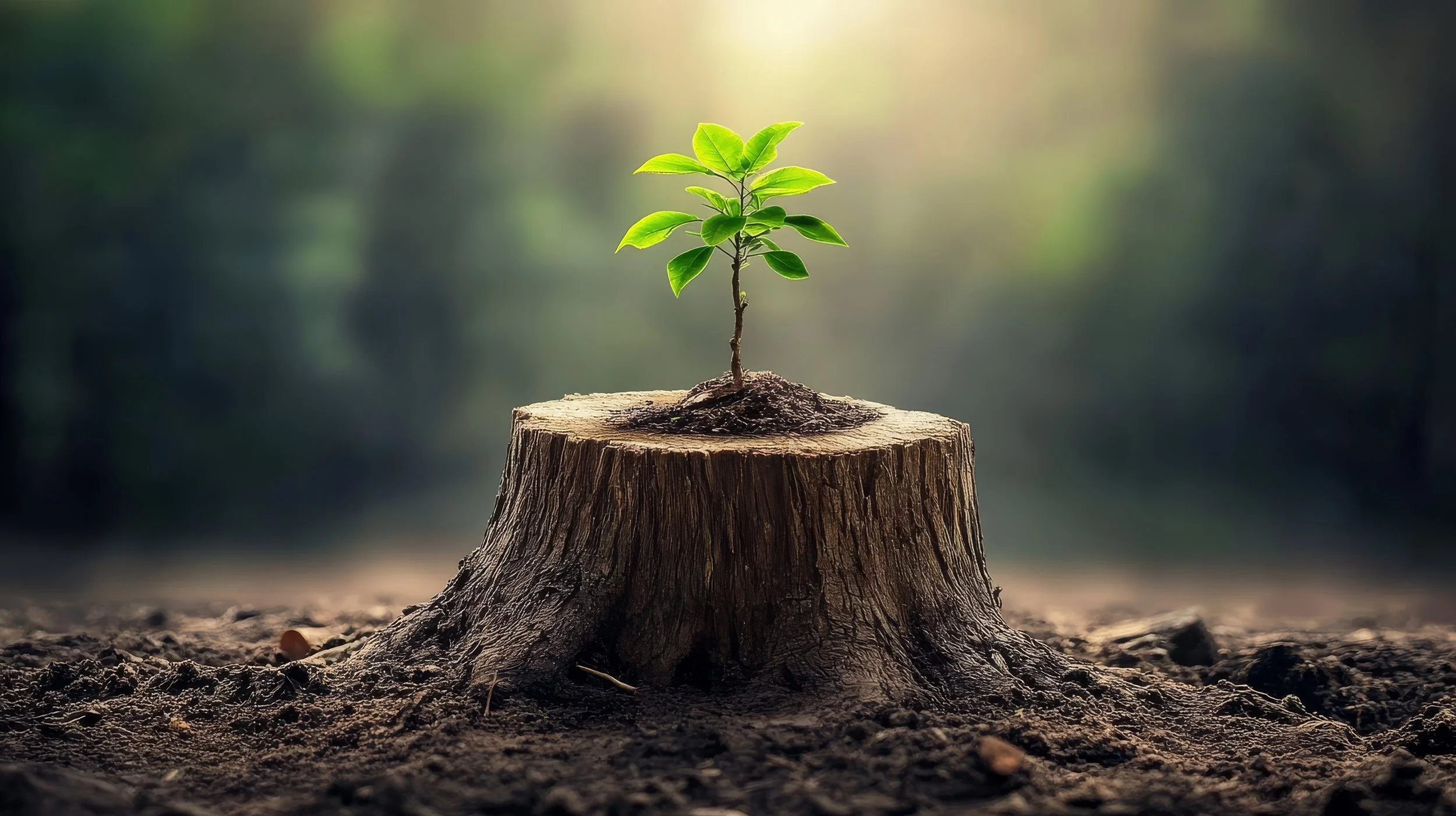 A small tree in a woodland growing out of an old dead stump