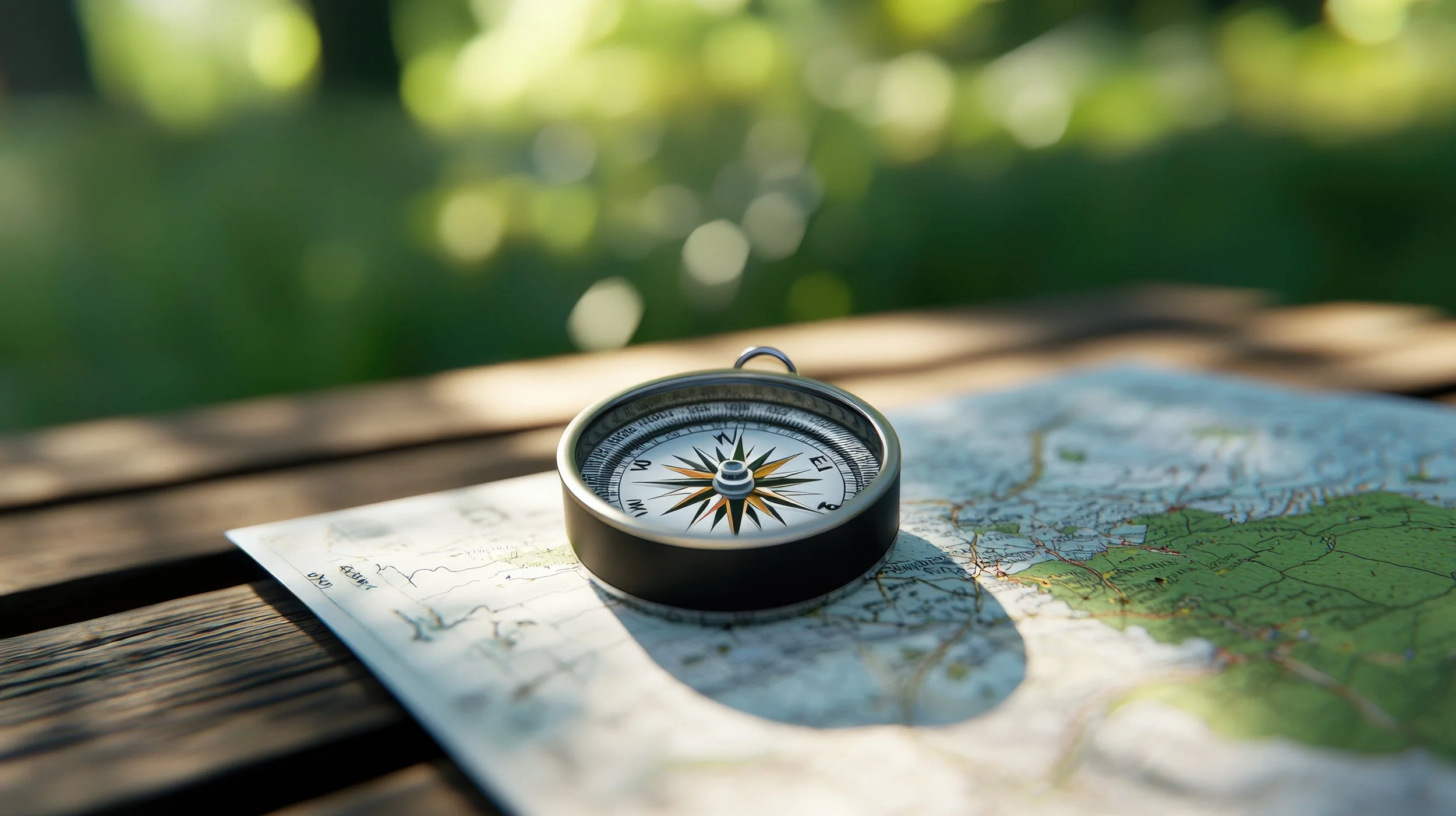 A compass on a map on a picnic table