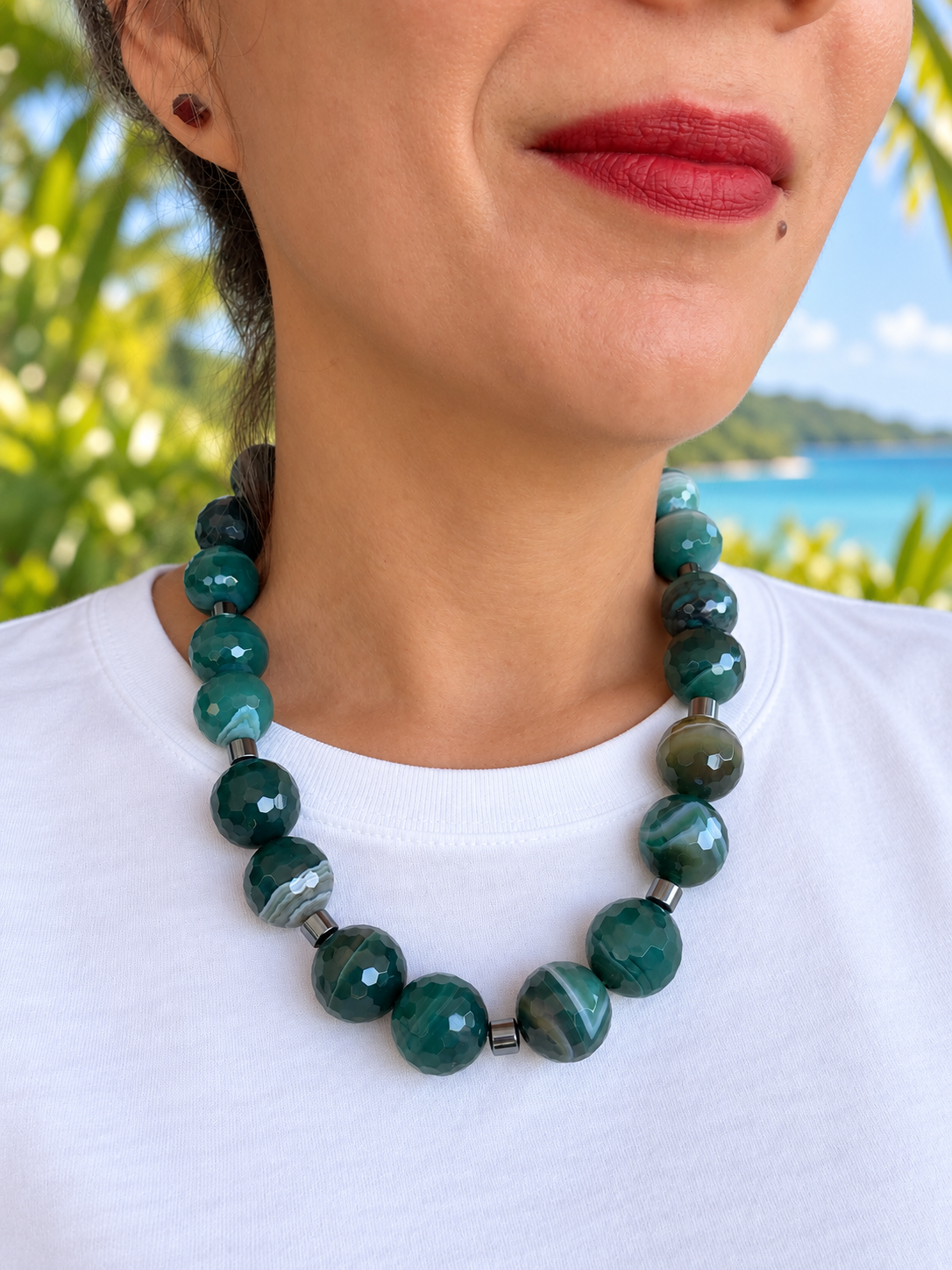 Collar de Ágata Verde Facetada de 20 mm y Hematita – 50 cm