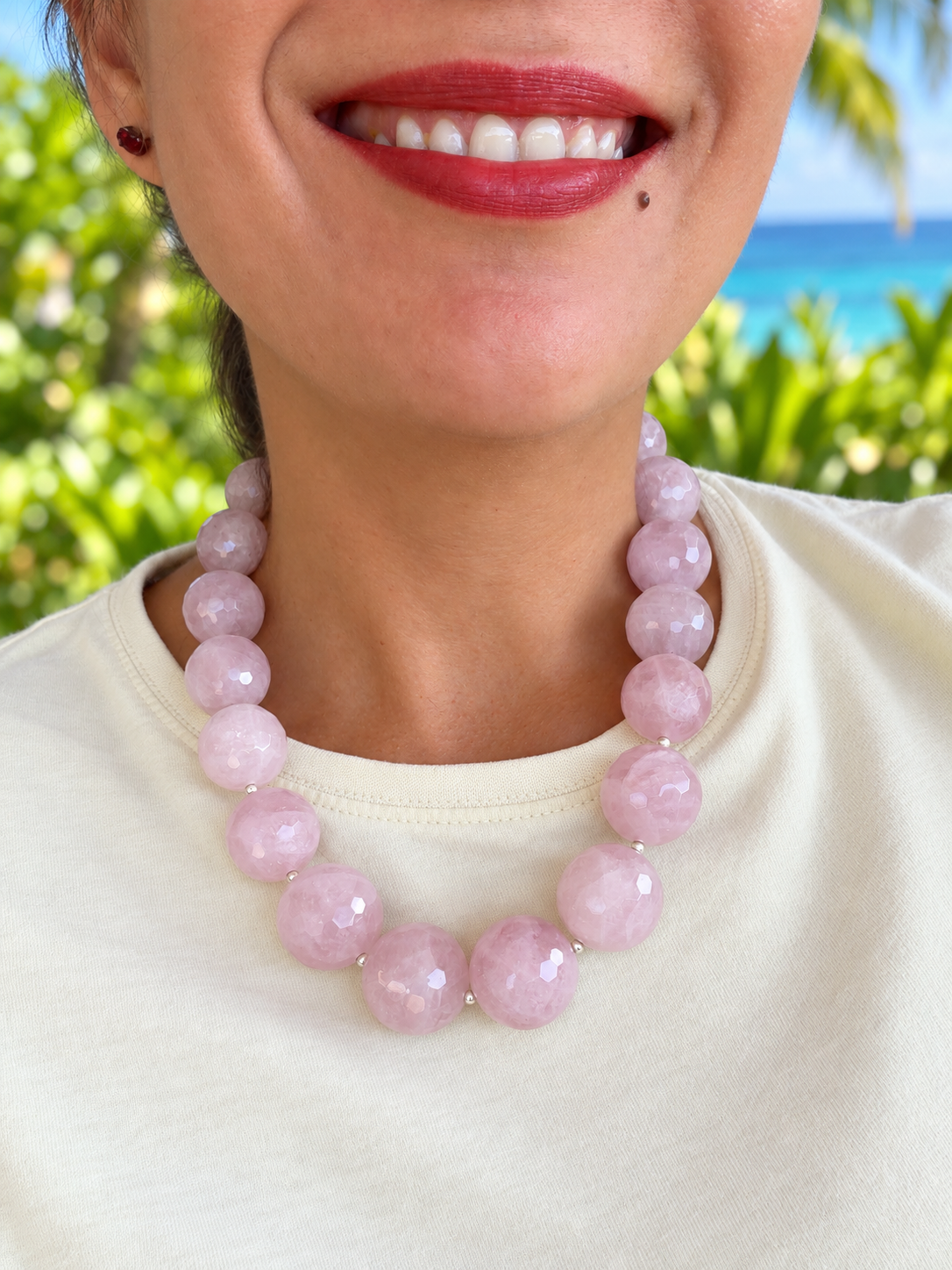 Collar de Cuarzo Rosa en Degradé con Fornituras de Plata – 50 cm