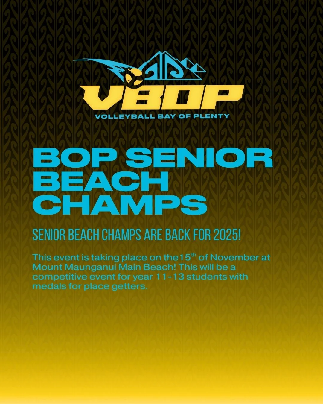 BOP Secondary School Senior Beach Champs are back for 2025!

This event will be held on the 15th of November at the Mount Maunganui Main Beach. For more information, click the link in our bio!