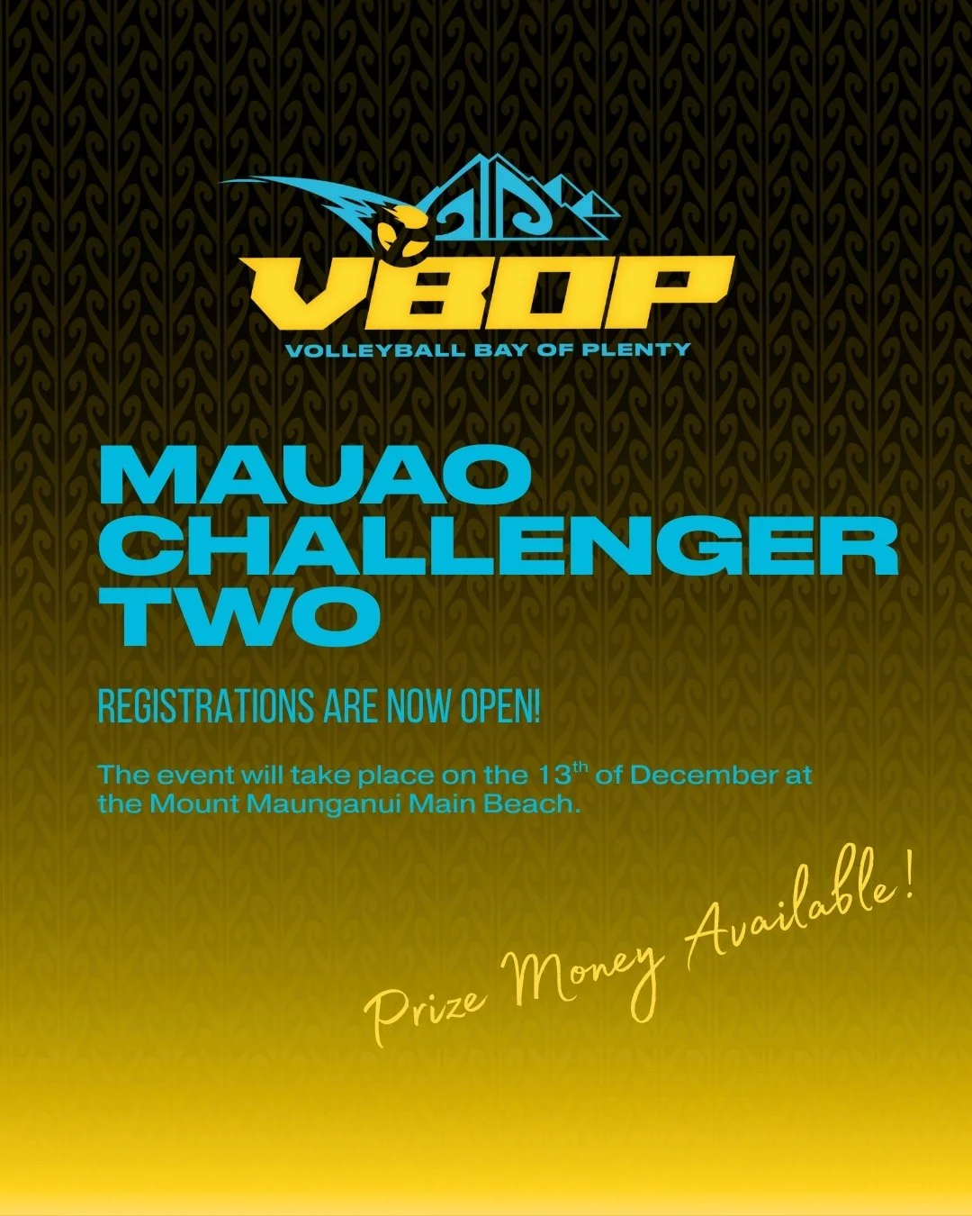 Registrations are now open for our Mauao Challenger 2 event!

The event is taking place on December the 13th at Mount Main Beach. Prize money is available!

Follow this link to register: https://www.sporty.co.nz/viewform/31861