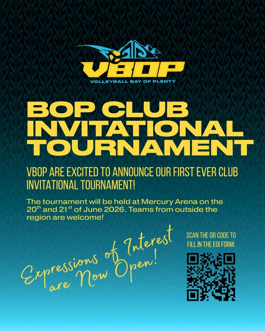 Our first-ever Club Invitational Tournament is happening this June! 

Expressions of interest are now open. This tournament is open to any teams wishing to participate, including those from outside the BOP region. 

Scan the QR code or click the link
