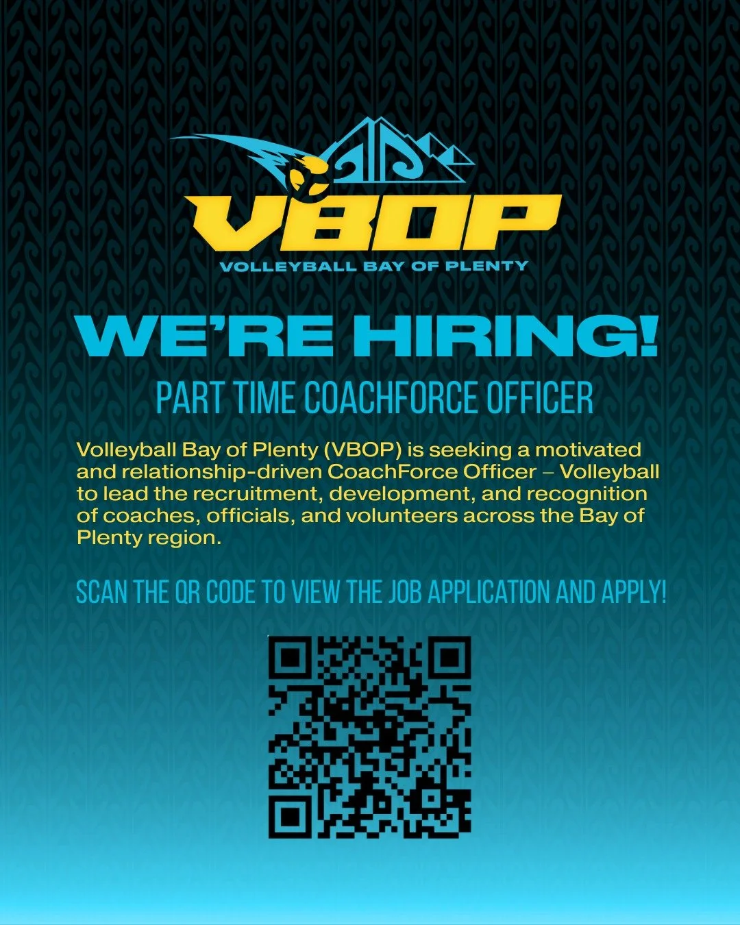 We&rsquo;re hiring!

Volleyball Bay of Plenty is looking for a Part-Time Coach Force Officer to help support and grow our volleyball community. 

Scan the QR code to apply, follow this link or click the link in our bio:  https://www.seek.co.nz/job/90