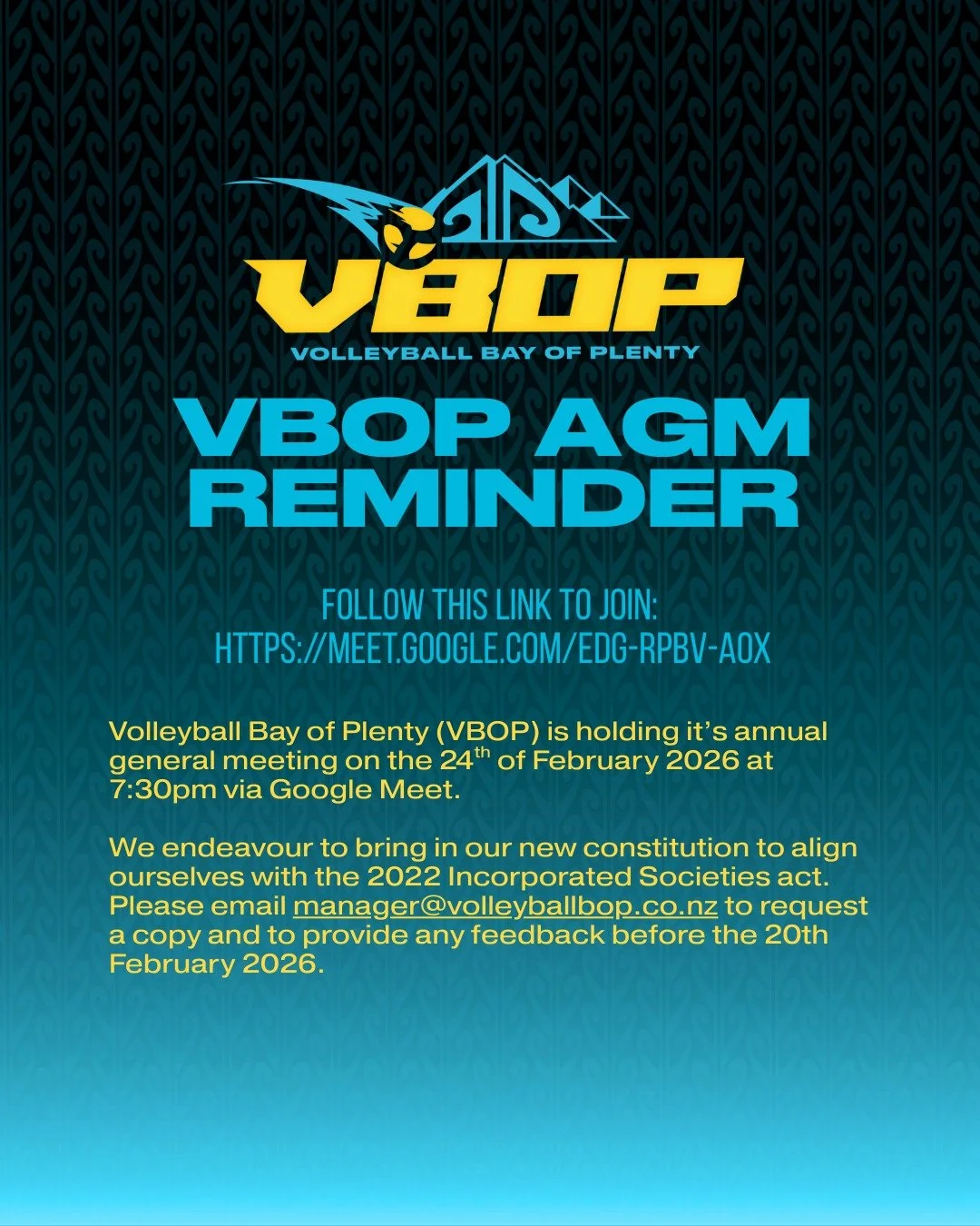 Volleyball Bay of Plenty (VBOP) is holding it&rsquo;s annual general meeting on the 24th of February 2026 at 7:30pm via Google Meet.

We endeavour to bring in our new constitution to align ourselves with the 2022 Incorporated Societies act. Please em