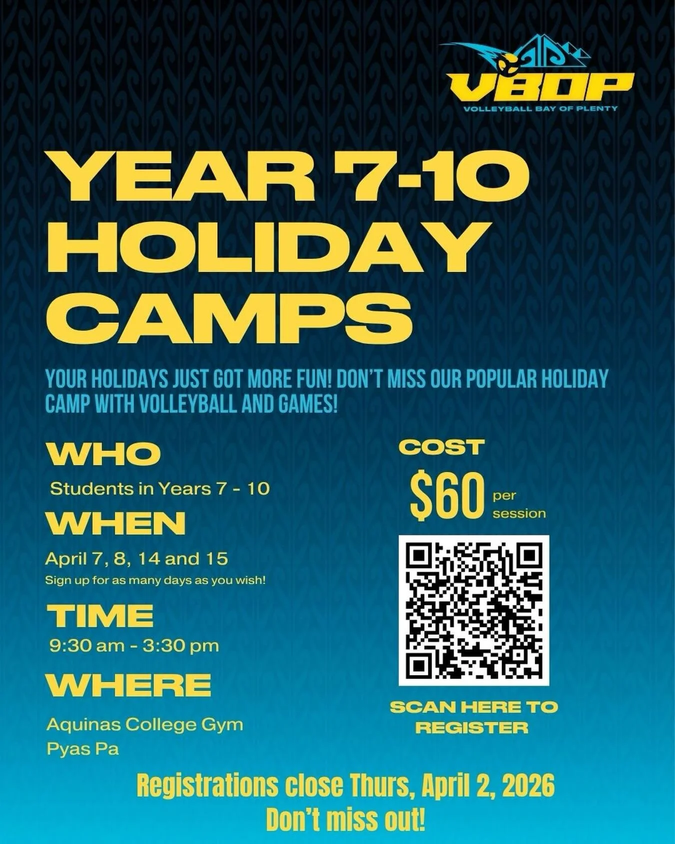 💙💛 Don&rsquo;t miss out! 🏐🔥

Registrations for our Holiday Camps are filling up fast!! Your chance to sign up will end on Thursday April 2 or sooner if the spots fill up! 

Secure your spot now and make the most of your holidays on the court 🙌

