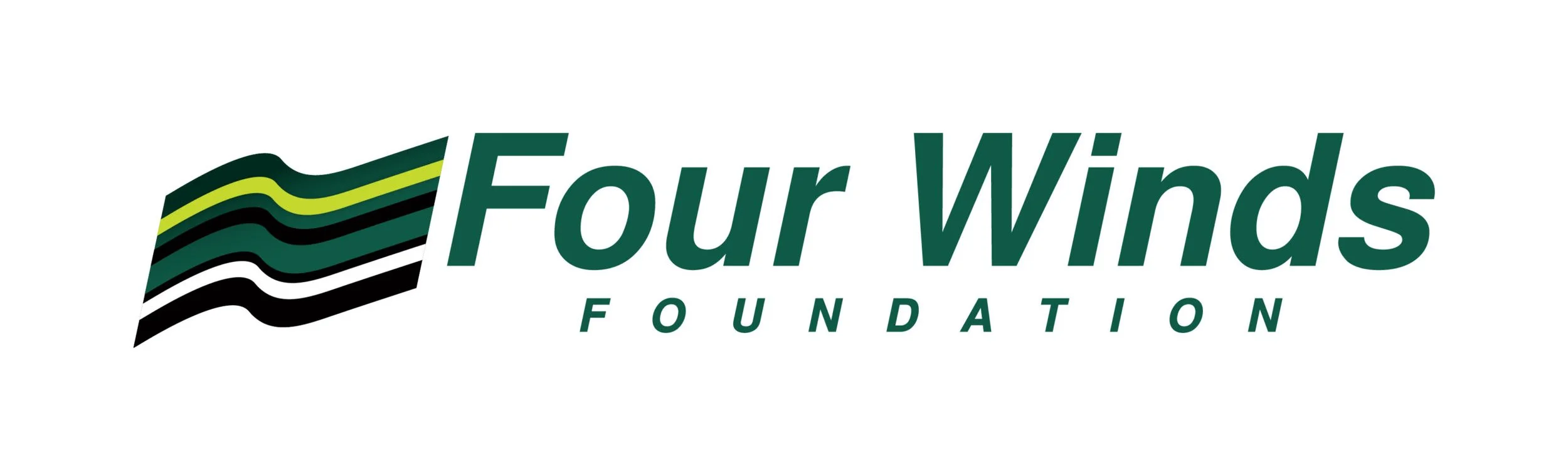 Logo of Four Winds Foundation with wavy green, black, white, and yellow lines representing wind