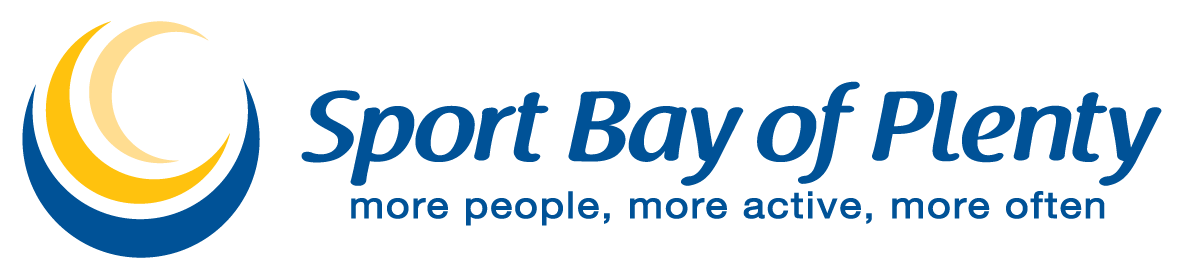 Logo for Sport Bay of Plenty featuring three yellow and black stylized crescent moons and a blue crescent, with the words "Sport Bay of Plenty" and the tagline "more people, more active, more often."