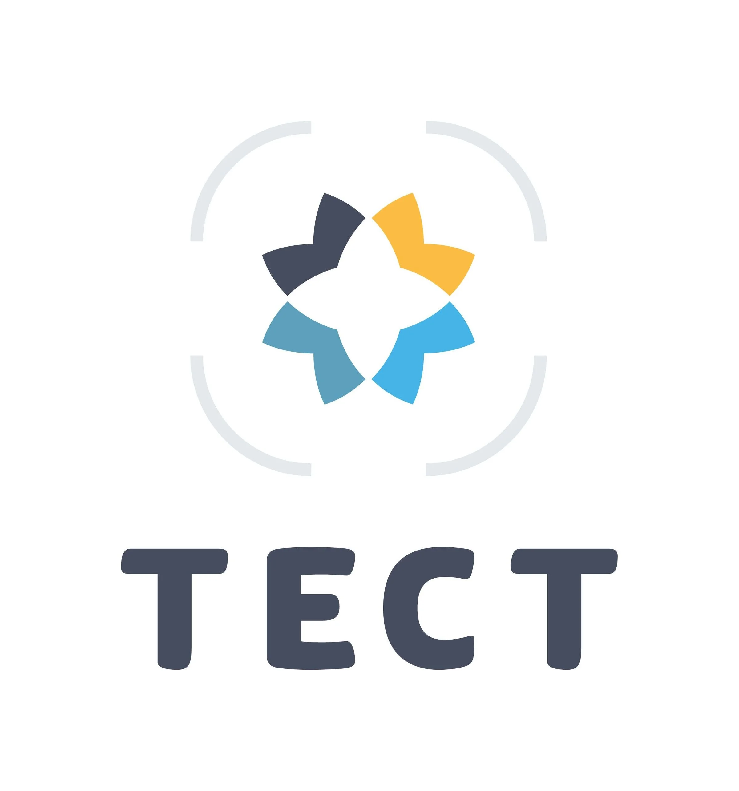 A stylized logo consisting of four petal-like shapes in black, yellow, dark blue, and light blue arranged in a circular pattern, with the word 'TECT' below in bold, uppercase letters.