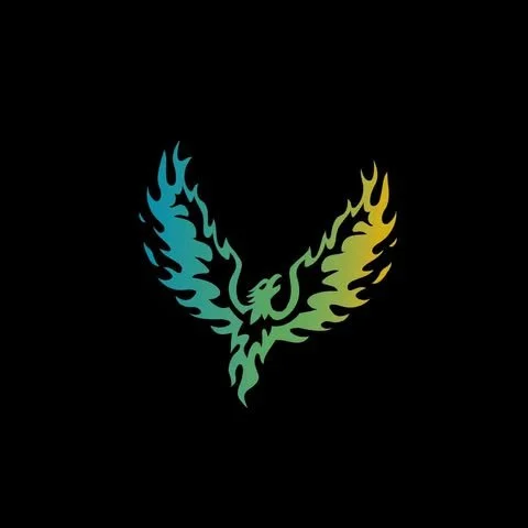 Stylized bird with wings that transition from blue to yellow on a black background.