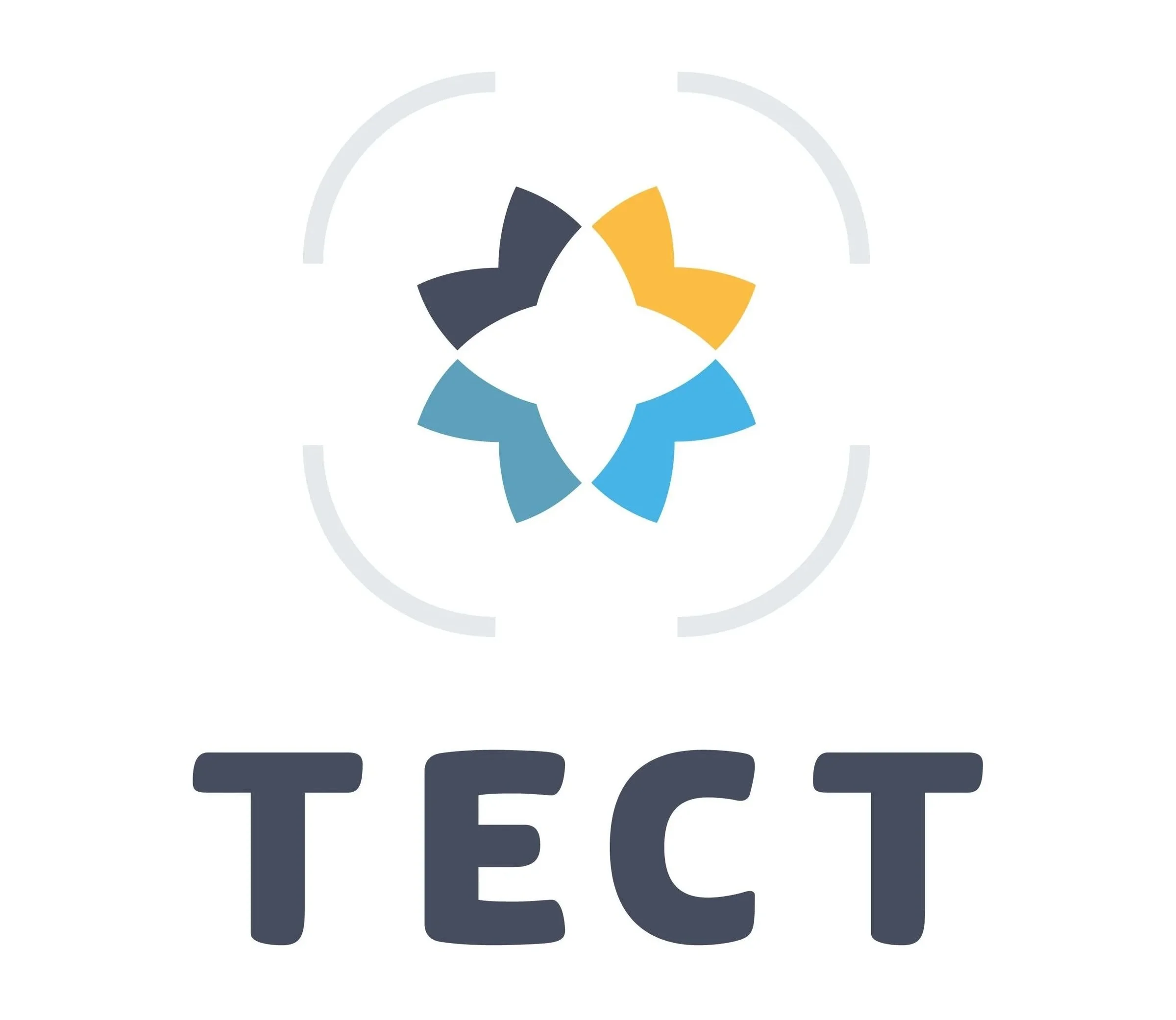 A stylized logo consisting of four petal-like shapes in black, yellow, dark blue, and light blue arranged in a circular pattern, with the word 'TECT' below in bold, uppercase letters.