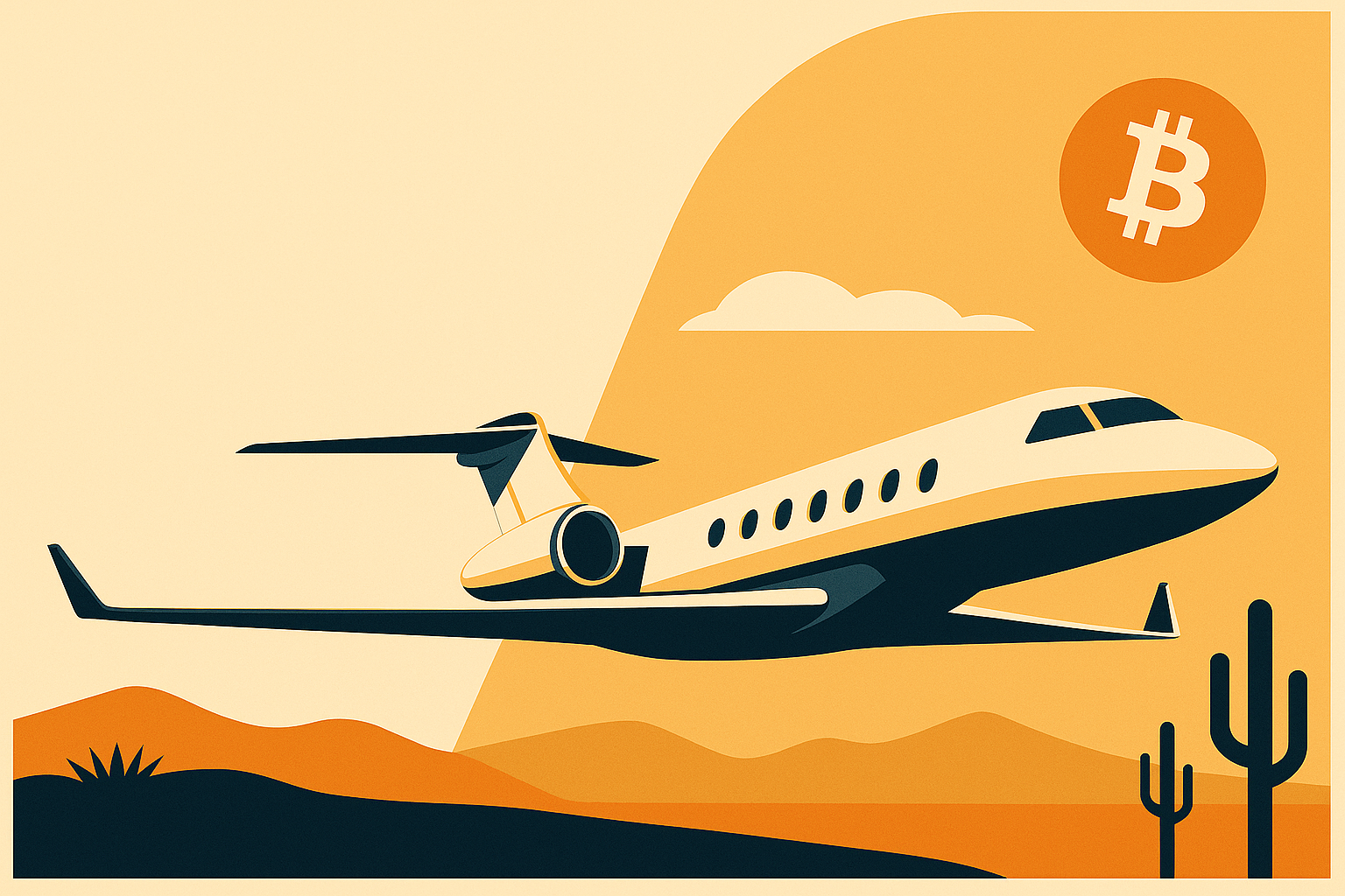 Illustration of an airplane flying over a desert landscape with a Bitcoin symbol in the sky.
