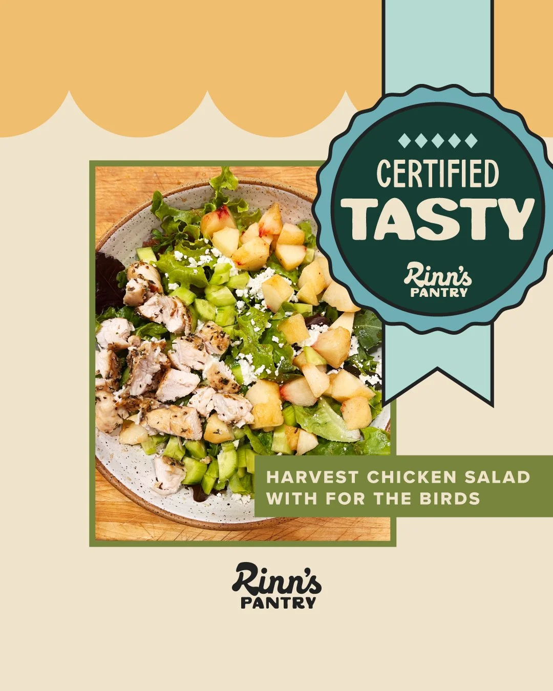 Season your chicken breast with Good Cookin&rsquo; Salt. Cook and cube. Add to fresh spring mix, diced cucumber, white nectarine chunks and crumbled goat cheese. Make a simple dressing with quality olive oil and balsamic vinaigrette. Enjoy!
#RinnsPan