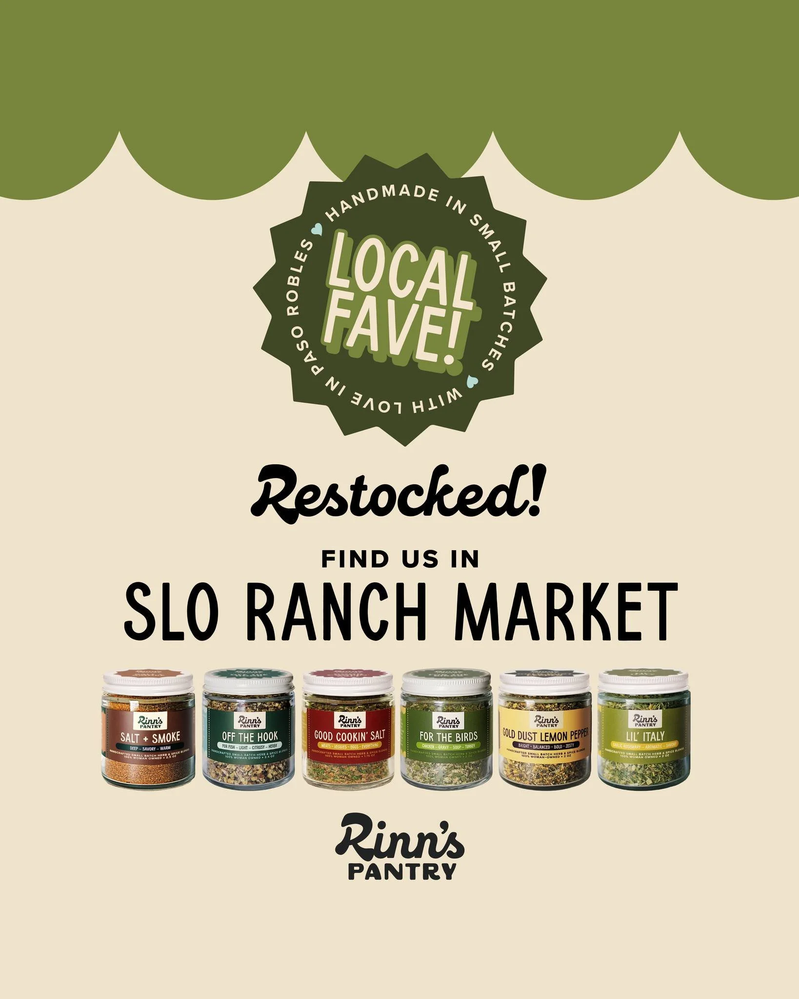 IN STOCK NOW! 
#RinnsPantry #PasoRoblesMade #SupportLocalMakers #MadeInPaso #SmallBatchBigFlavor #EatLocalCalifornia #PantryGoals #SeasonWithRinns #FlavorFirst #ShopSmall