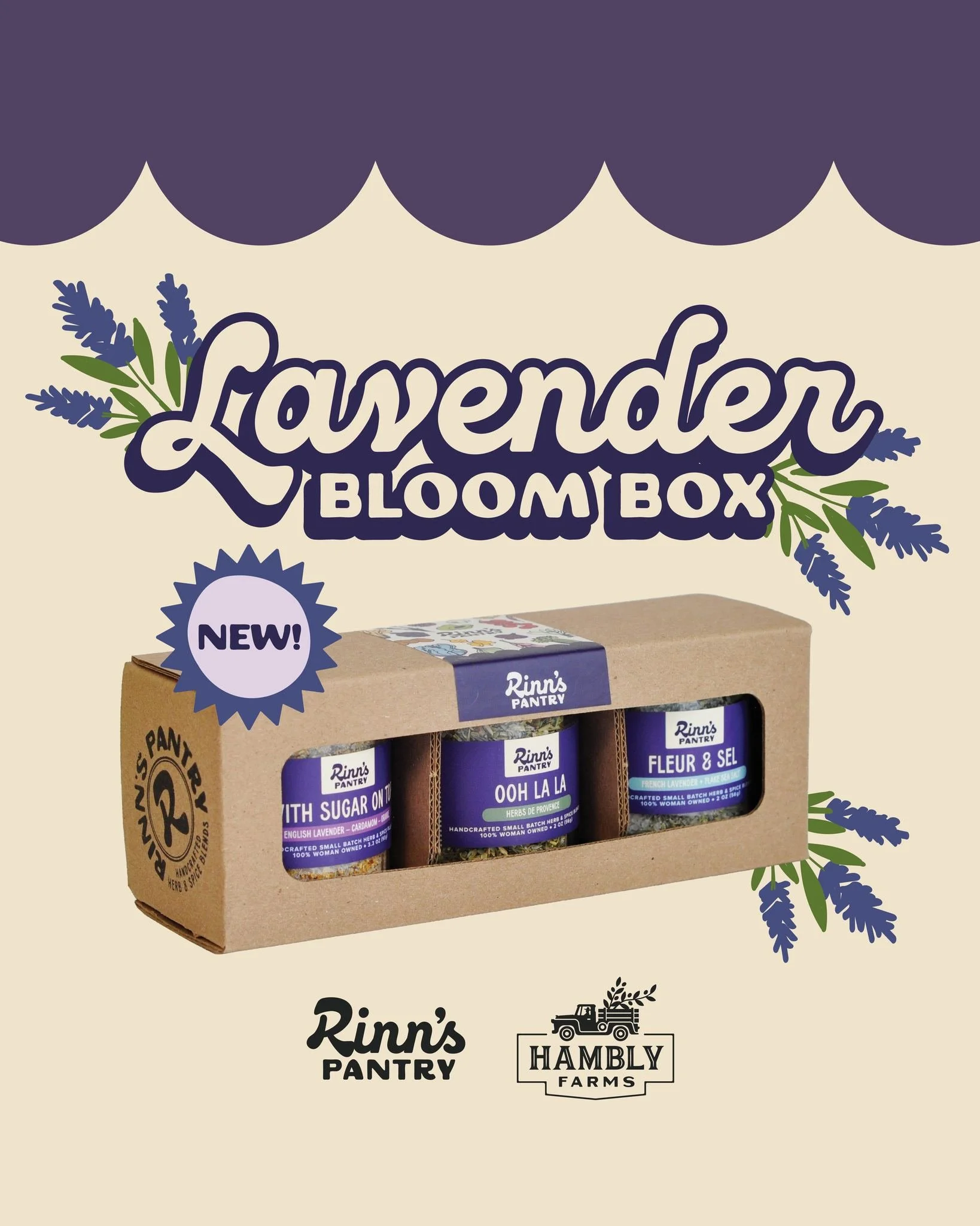 ✨✨✨NEW!! ✨ ✨ ✨ 
Spring is hear and our Bloom Box brings together a handcrafted trio of blends from Rinn's Pantry, featuring culinary lavender from @hambly_farms. Enjoy high-quality goods at a great value while supporting two local, women-owned busine