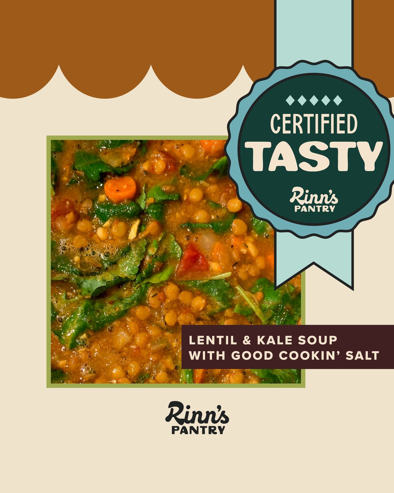 1 medium yellow onion, diced, 3 stalks celery, diced, 4 cloves garlic, minced, 2 teaspoons Good Cookin' Salt, 3  carrots, 2 cups dried green lentils - rinsed, 14-ounce can diced tomatoes, 8 cups vegetable broth - plus more as needed, 3 cups chopped k