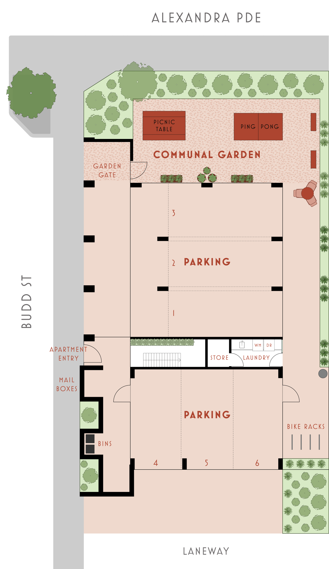 Site plan of Budd Place, showing the layout of the ground floor entry points, covered parking, communal garden, and laundry facilities