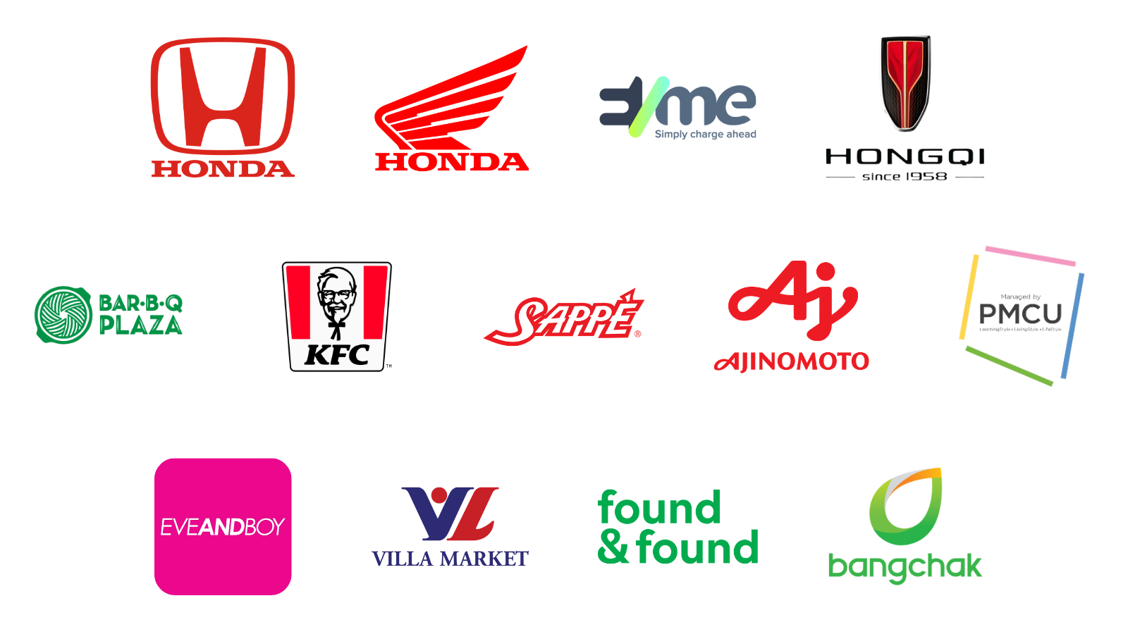 Collection of logos from various brands and companies, including Honda, Me, Honda, Hifi Plaza, KFC, Sappé, Toyota Motor, PMAU, EveandBoy, Your & Found, and Lotus Premium.