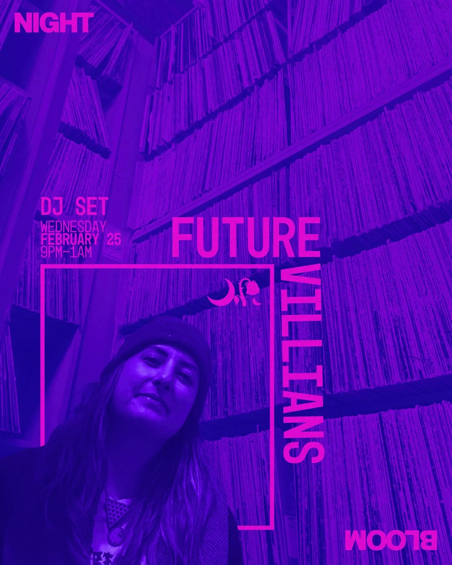 This Wednesday [2.25], we welcome @future0villains to NightBloom for an all-vinyl set of simmering, slow-down, syrupy tracks sure to set you on fire. futurevillains is bringing the heat &ndash; and the background to prove it. She&rsquo;s most comfort