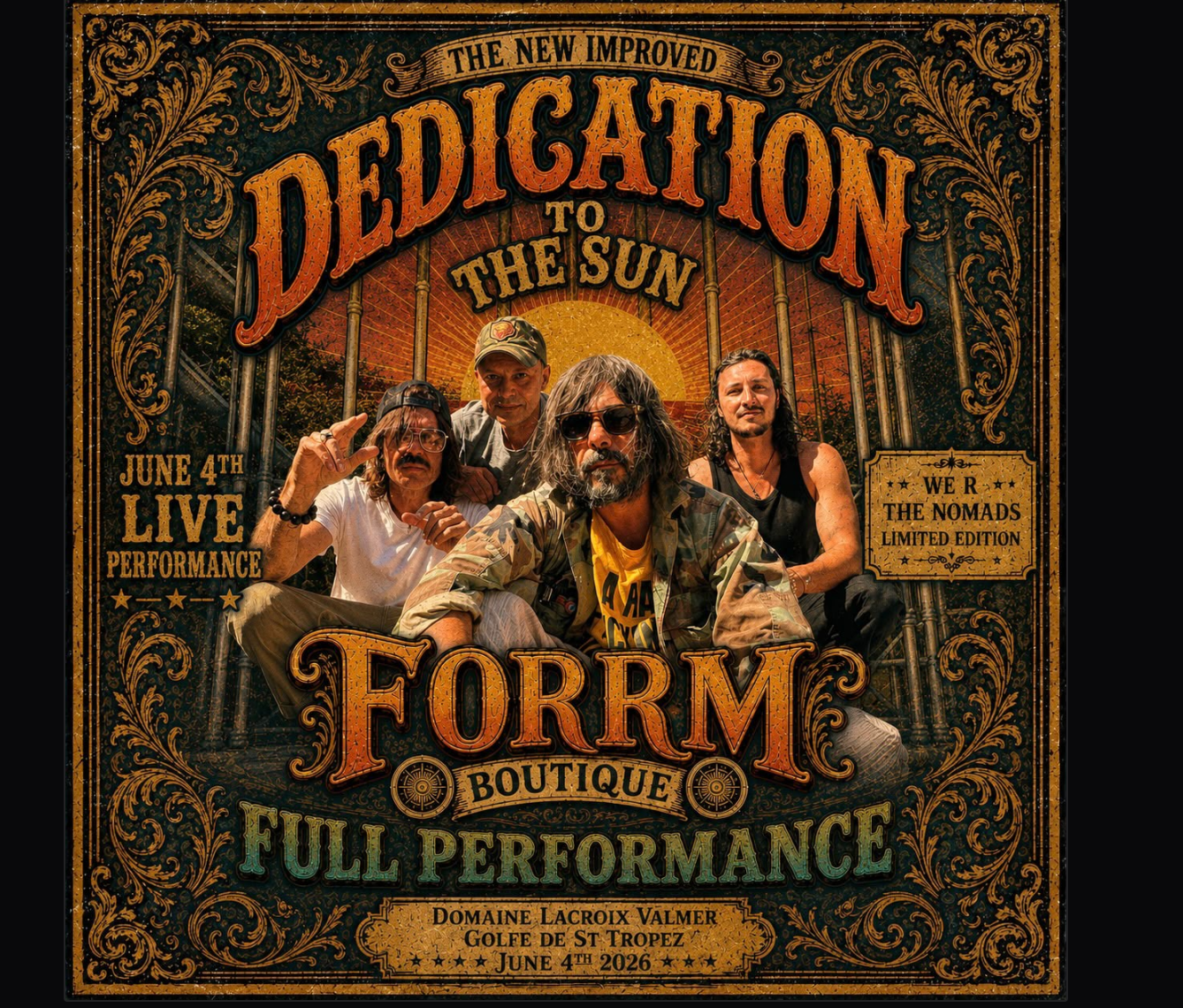 A concert poster for the band Formic, featuring four band members in front of a sunset and forest background. The poster has ornate borders and text announcing a live performance on June 4th, 2026, at Domaine Lacroix Valmer in Golfe de St Tropez, with details about full performance, limited edition, and supporting bands.