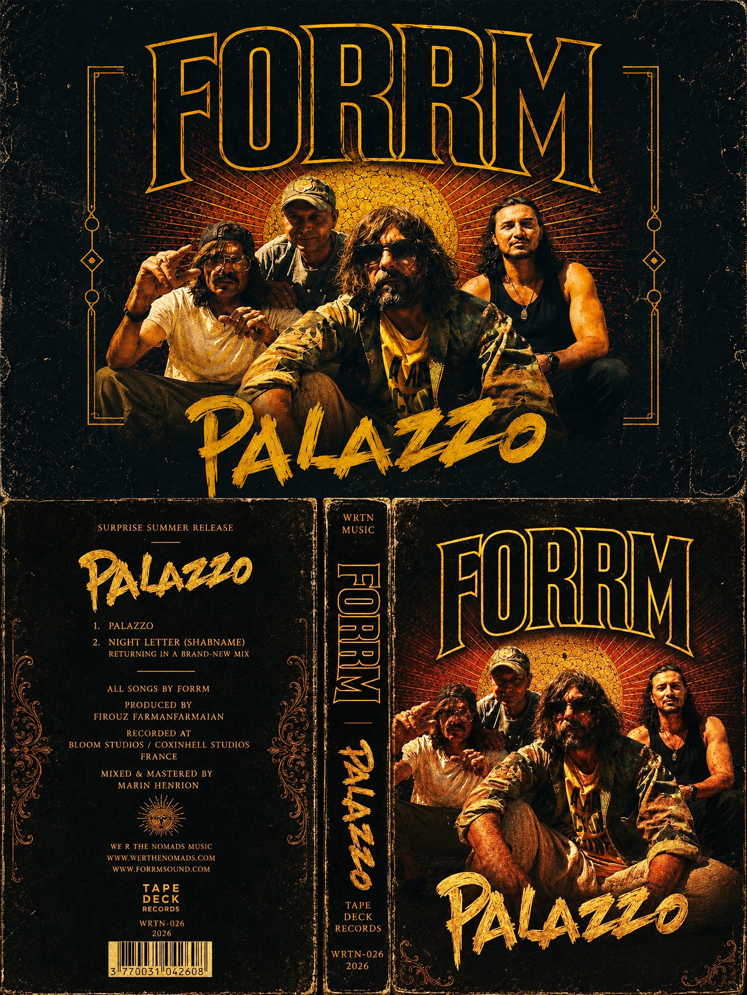 Album cover featuring four men, some with long hair and beards, dressed in casual clothing, posing against a dark background with a golden sunburst design and the word 'FOURRM' in large stylized letters at the top. The album title 'PALAZZO' appears in large yellow letters near the bottom.